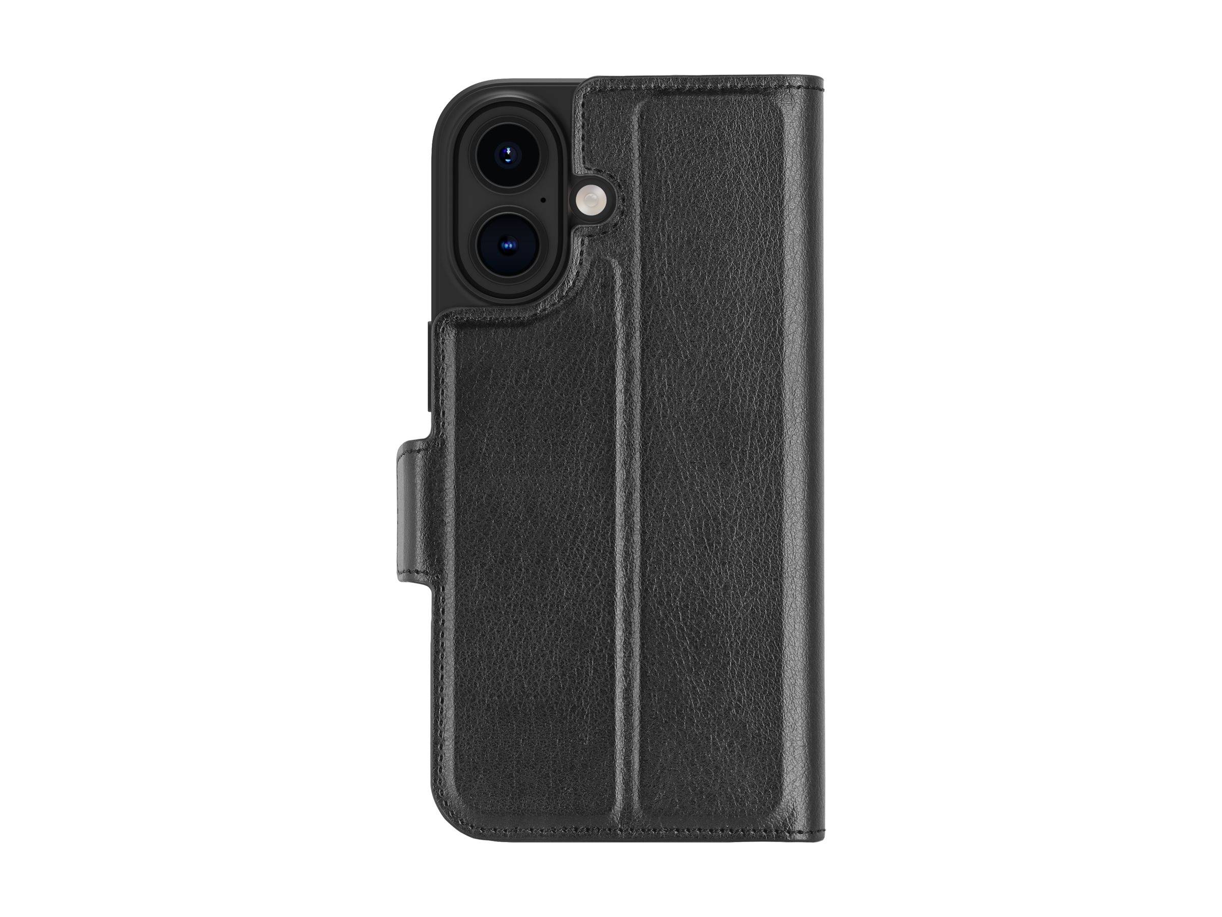 Eine schwarze Smartphone-Lederhülle mit klappbarem Deckel, versehen mit Ausschnitten für die Kameralinsen und einem magnetischen Verschluss an der Seite.