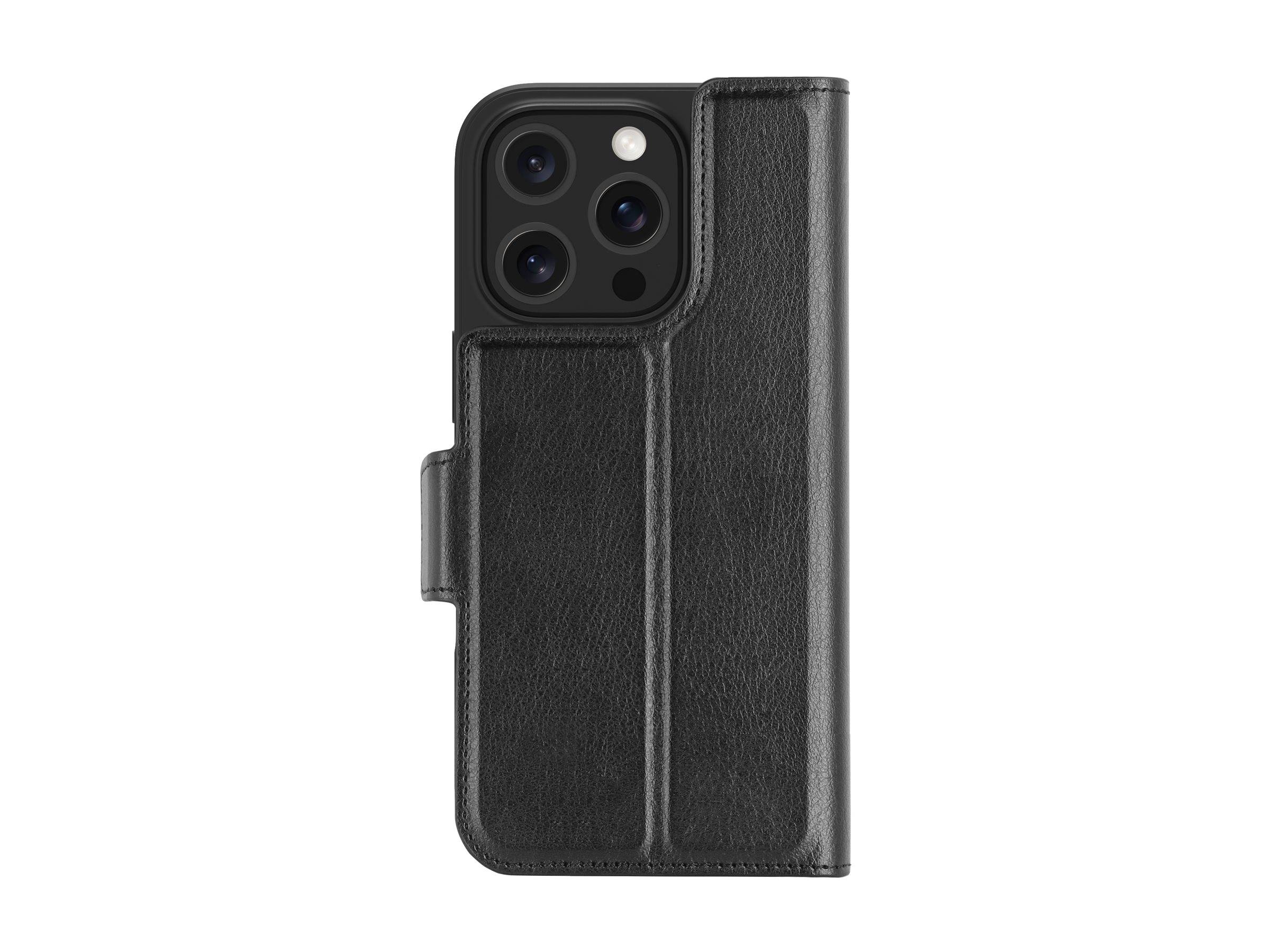 Schwarze Ledertasche für Smartphones mit einer vertikalen Klappe, die für ein Handy mit mehreren Rückkameralinsen an der Oberseite konzipiert ist.