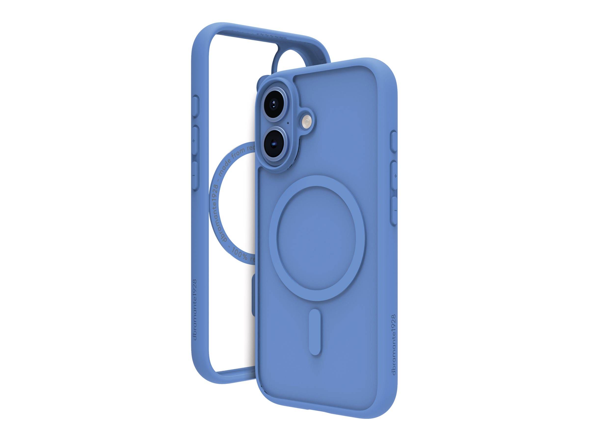 Eine blaue Handyhülle mit MagSafe-kompatibler Konstruktion wird gezeigt. Sie verfügt über zwei Aussparungen für Kameras und seitliche Tasten für einfache Bedienbarkeit.