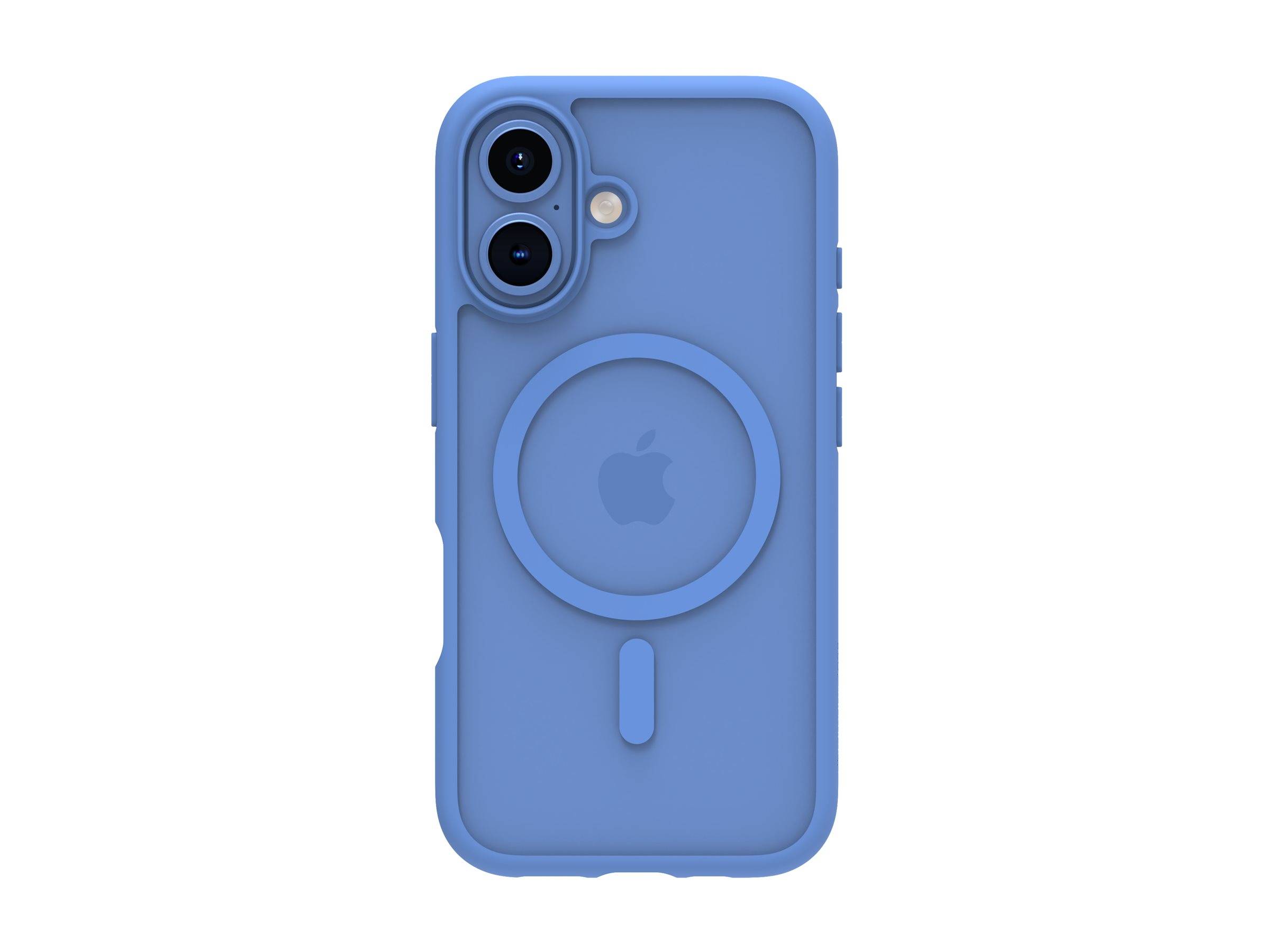 Blaue iPhone-Hülle mit zwei Kameraausschnitten und zentralem Apple-Logo, mit kreisförmiger MagSafe-Umrandung.