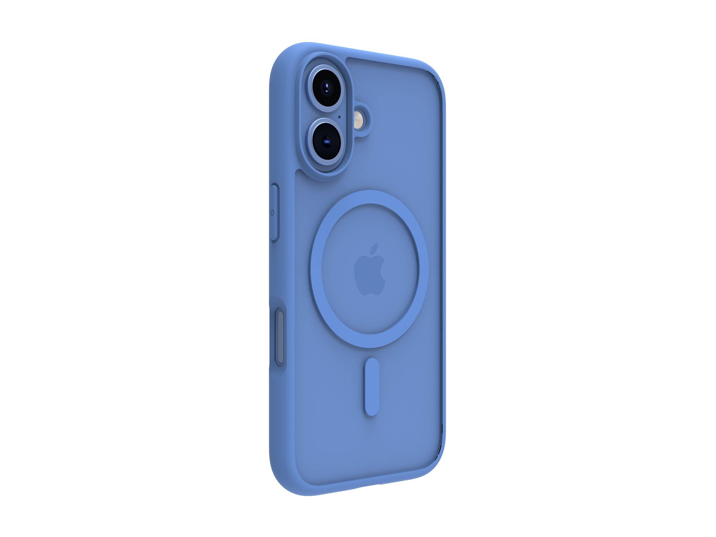 Eine blaue Smartphone-Hülle mit einem kreisförmigen Magneten und Kameraausschnitt, die ein minimalistisches Design und das Apple-Logo präsentiert, unter einem Winkel von hinten abgebildet.