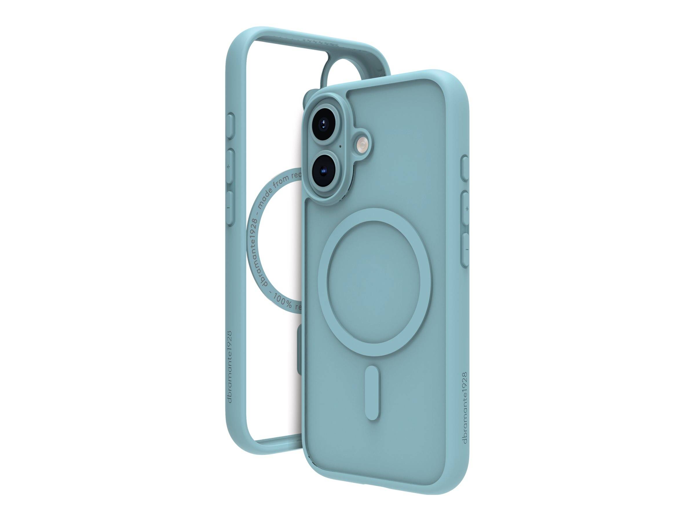 Eine hellblaue Smartphone-Hülle mit einer Kameraausschnitt und kreisförmigem Design auf der Rückseite, von Vorder- und Rückansicht gezeigt.