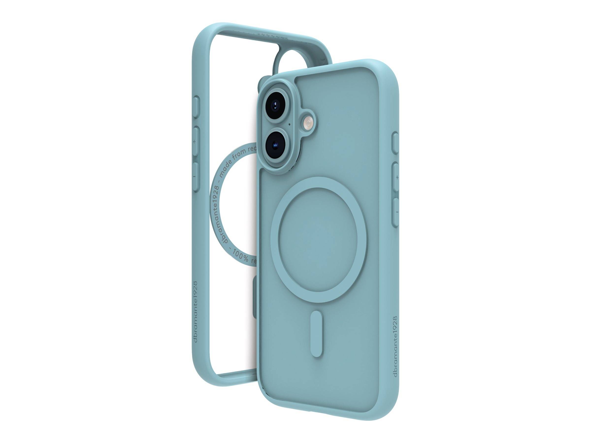 Eine türkisfarbene Handyhülle mit MagSafe-Kompatibilität und minimalistischem Design wird aus der Rück- und Seitenansicht präsentiert, wobei ihre eleganten Kanten hervorgehoben werden.