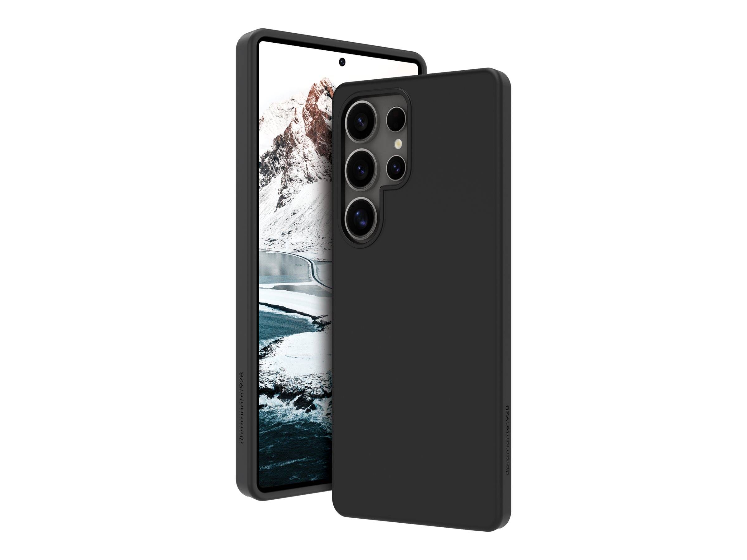 Ein schlankes Smartphone mit einer schwarzen Schutzhülle ist zu sehen. Auf dem Display des Telefons wird eine Berglandschaft mit einem sich schlängelnden Fluss angezeigt.