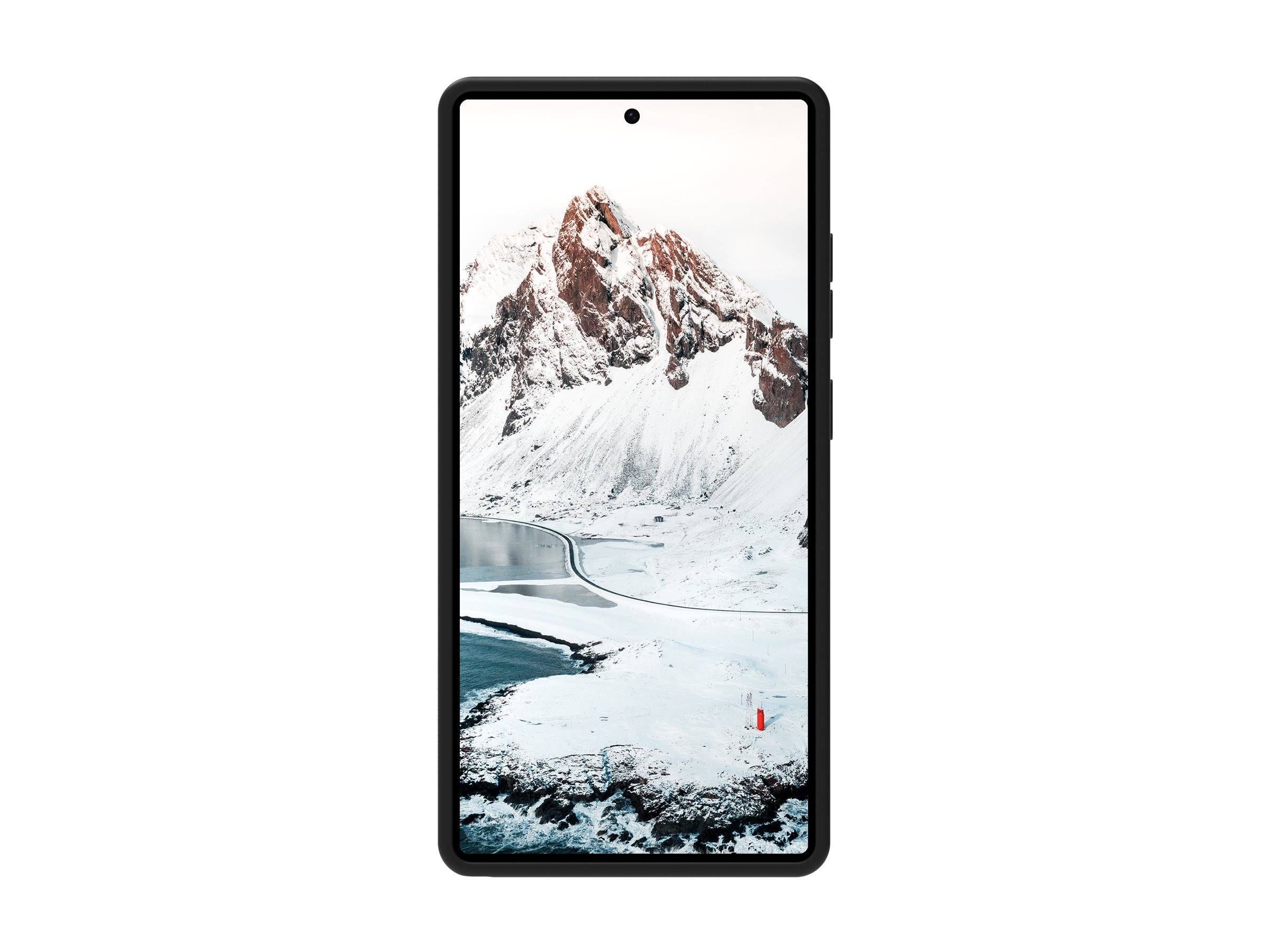 Ein Smartphone, das eine verschneite Berglandschaft mit einer sich windenden Straße zeigt, wobei die Klarheit und Größe des Bildschirms betont werden.