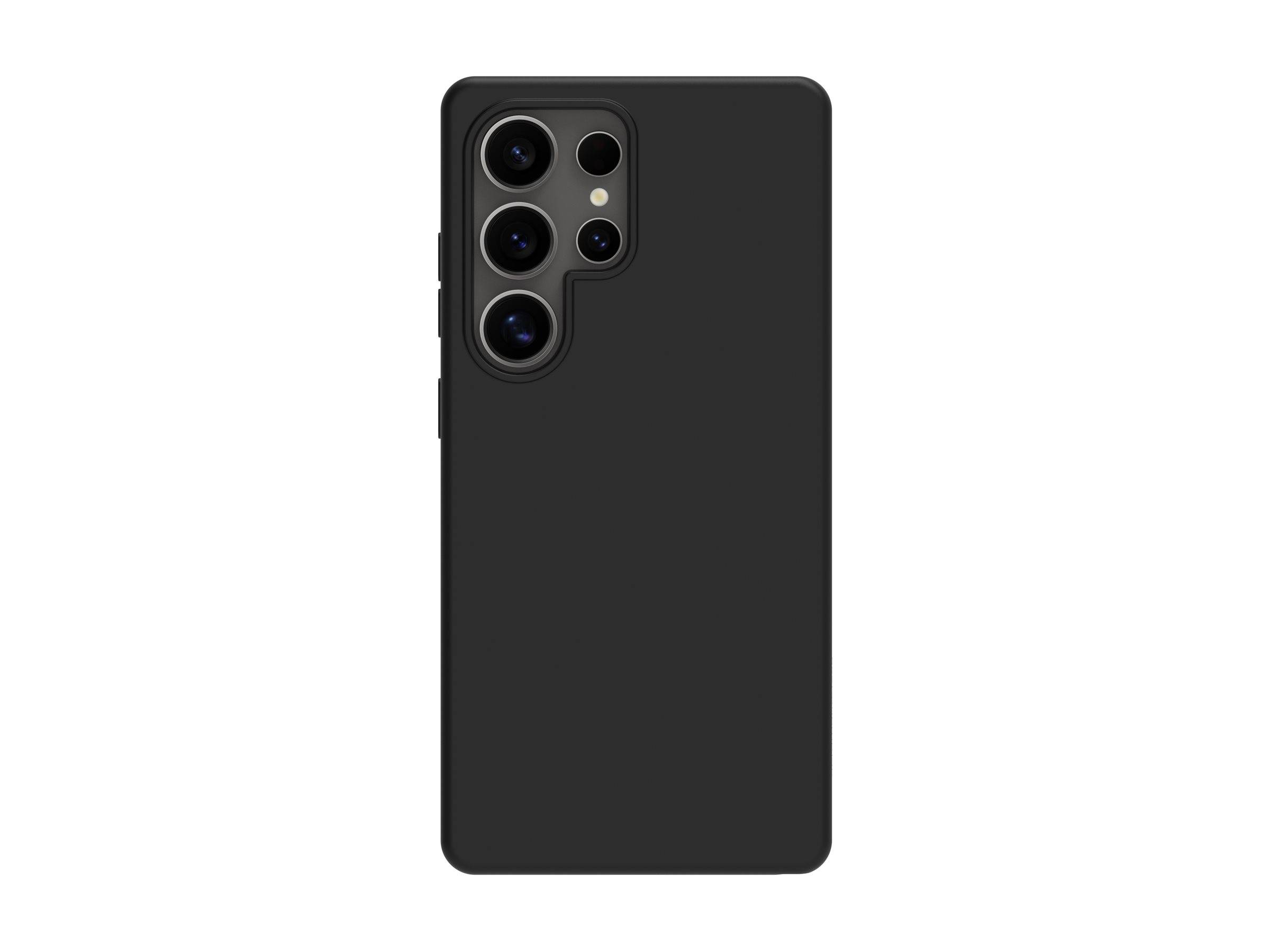 Ein schlankes schwarzes Smartphone-Gehäuse mit präzisen Kameraausschnitten für eine Multi-Objektiv-Konfiguration, von hinten betrachtet.