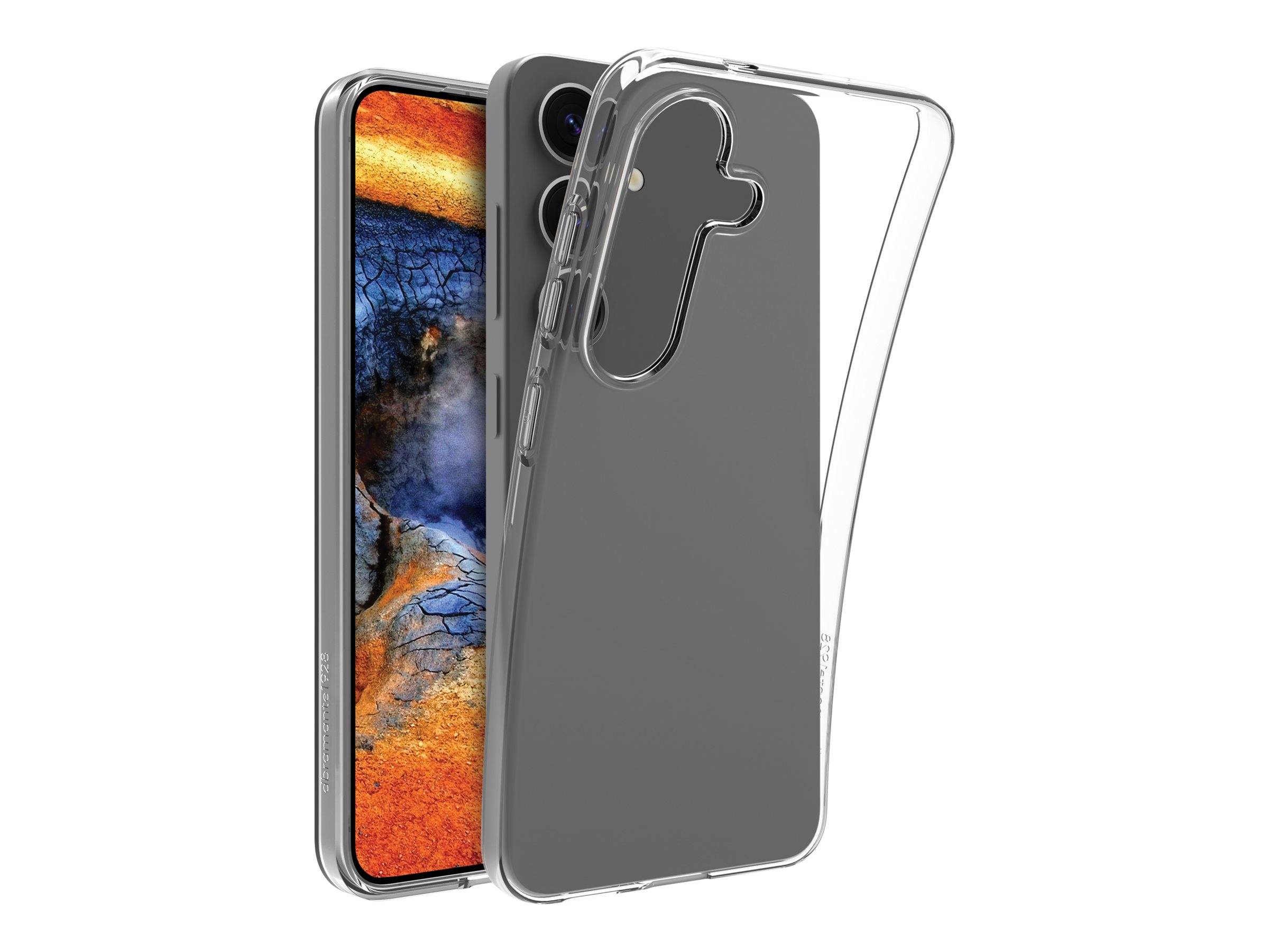 Ein Smartphone mit einem bunten abstrakten Design auf dem Bildschirm wird neben einem transparenten Schutzgehäuse gezeigt.