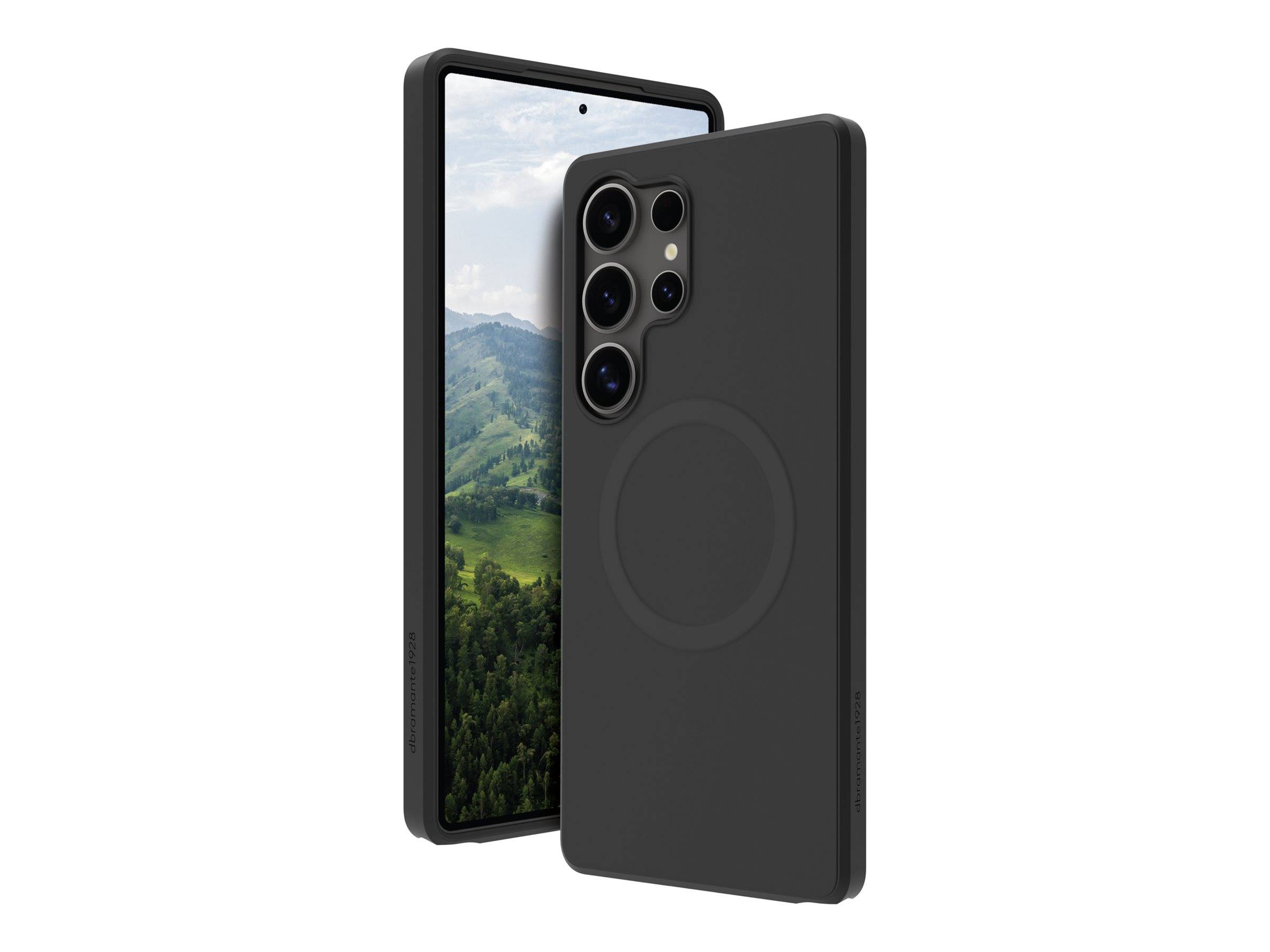Ein Smartphone mit einer schwarzen, matten Hülle, das ein kreisförmiges Design auf der Rückseite aufweist, von hinten und von der Seite gezeigt, mit einer Naturszene auf dem Bildschirm.
