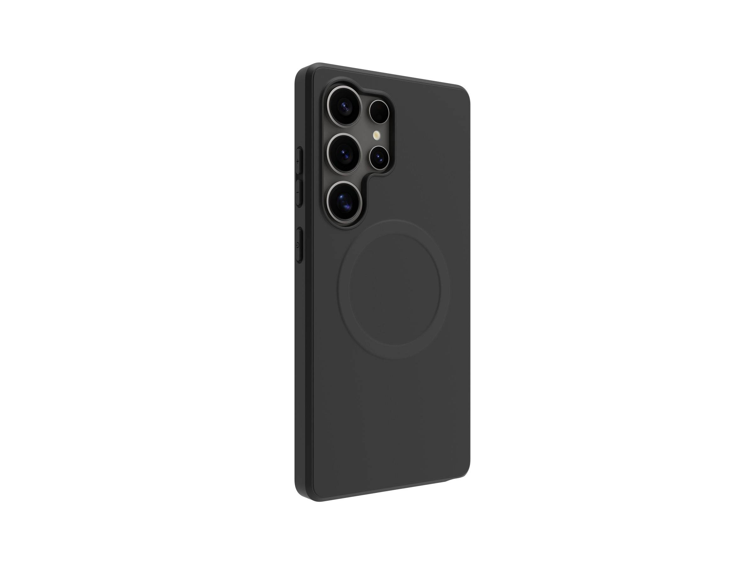 Eine schwarze Smartphone-Hülle mit präzisen Aussparungen für Kameraobjektive, Tasten und Anschlüsse, die Schutz und Funktionalität bietet.