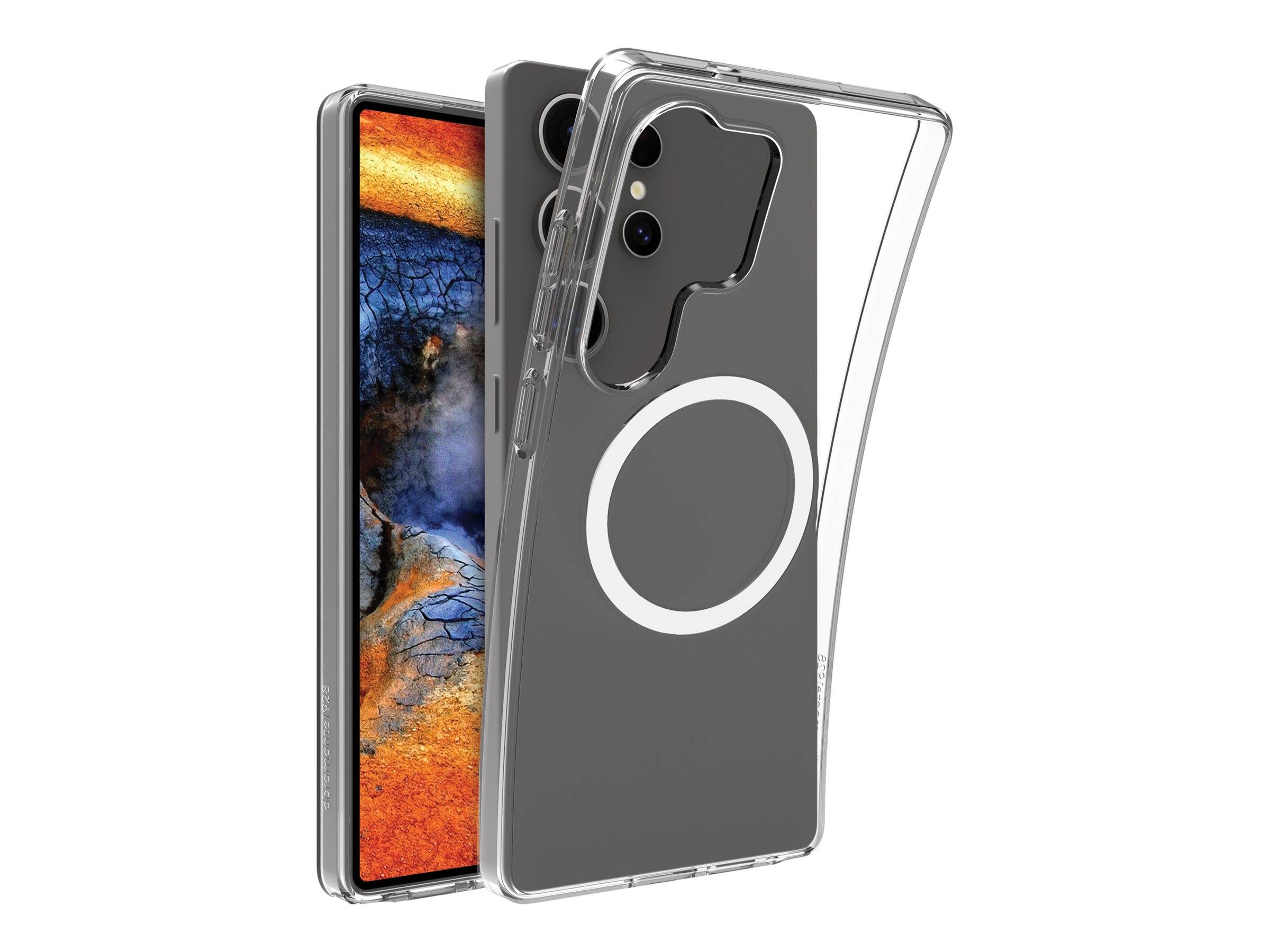 Handy mit gesprungener Bildschirm und durchsichtiger Schutzhülle, das Triple-Kameralinsen und ein kreisförmiges Design auf der Rückseite zeigt.