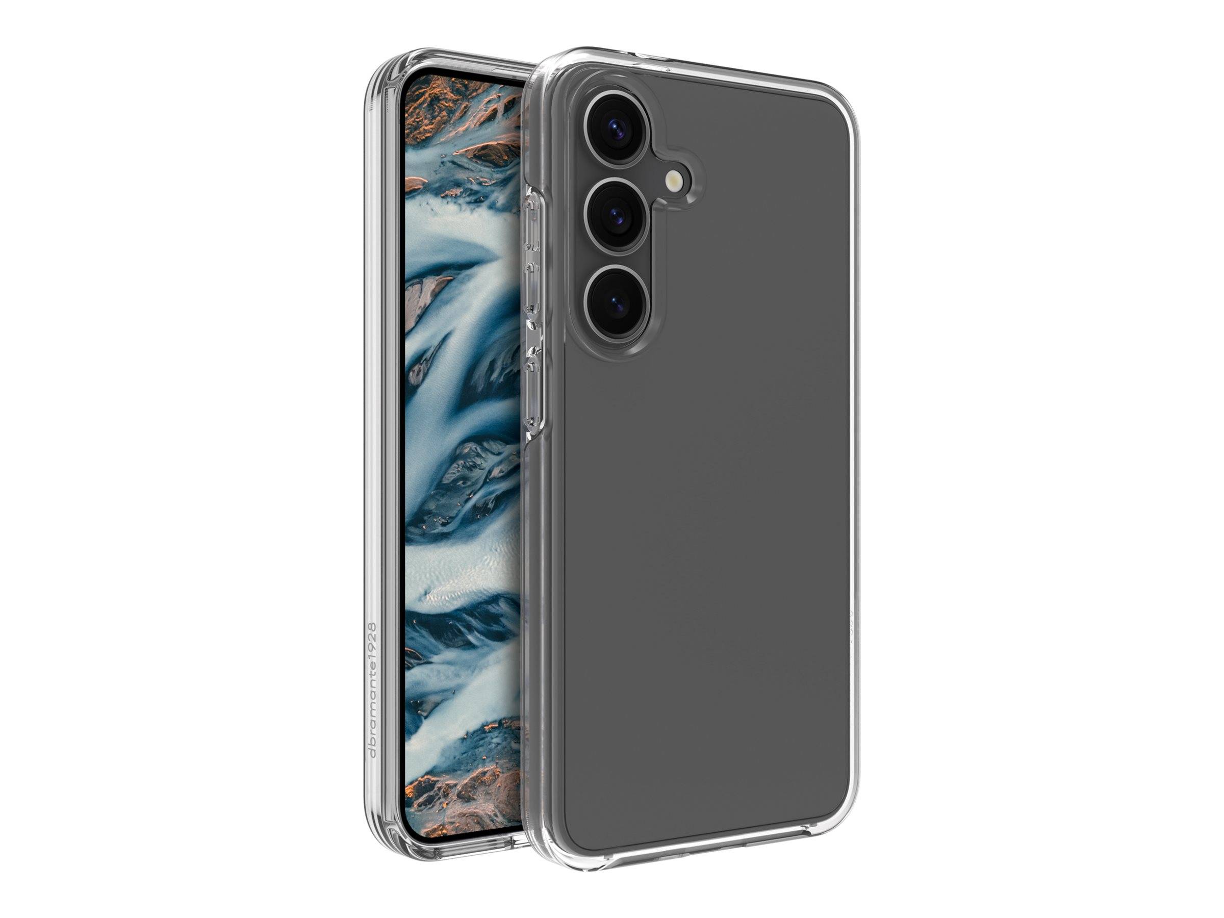 Ein Smartphone mit einer durchsichtigen Hülle, das einen Bildschirm mit einem Naturtapete von fließendem Wasser und Felsen zeigt. Das Telefon hat drei Rückkameras.