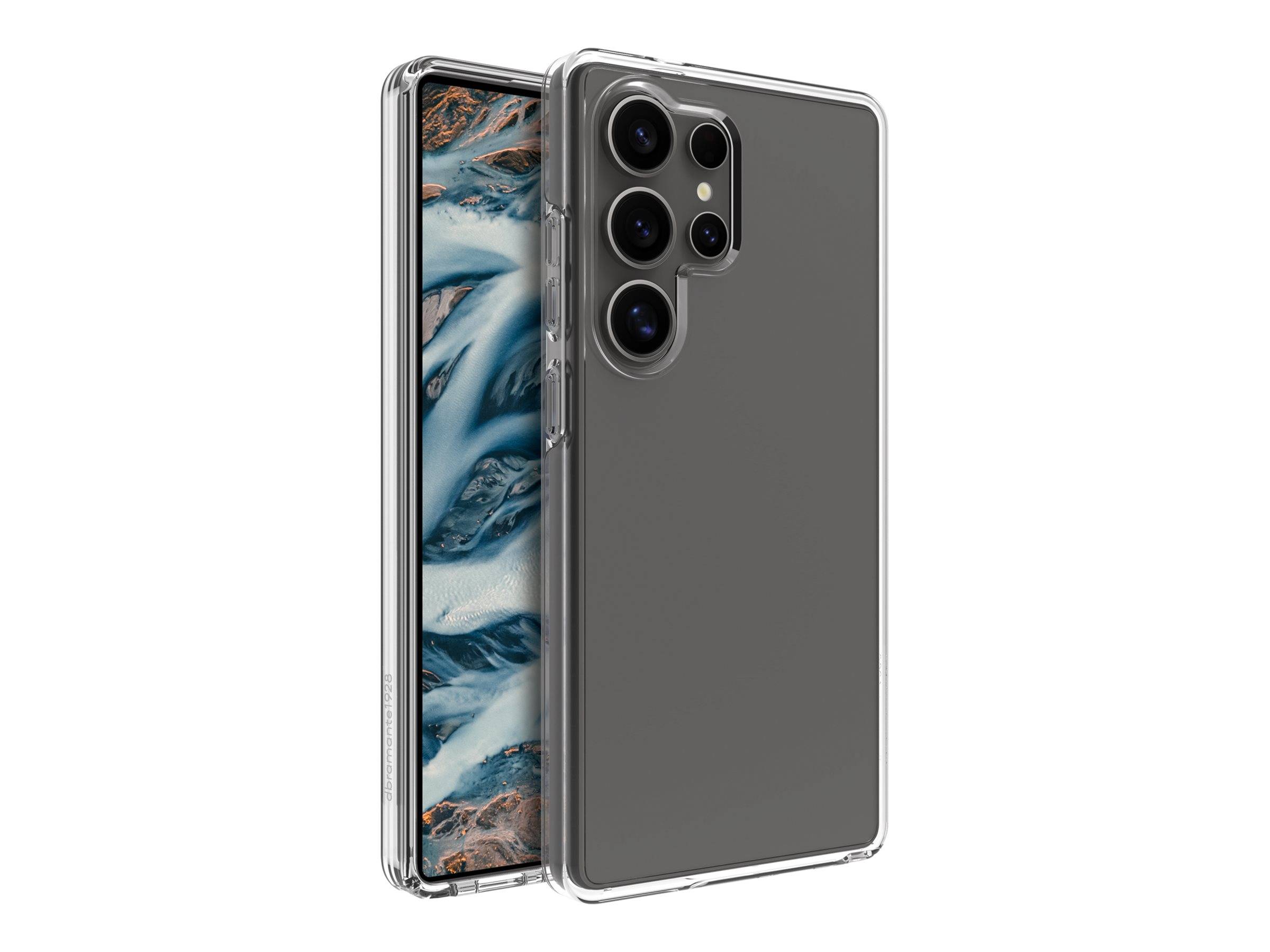 Ein Smartphone mit einer transparenten Hülle, das drei Rückkameras besitzt, mit einer Seitenansicht, die eine Flusslandschaft auf dem Bildschirm zeigt.