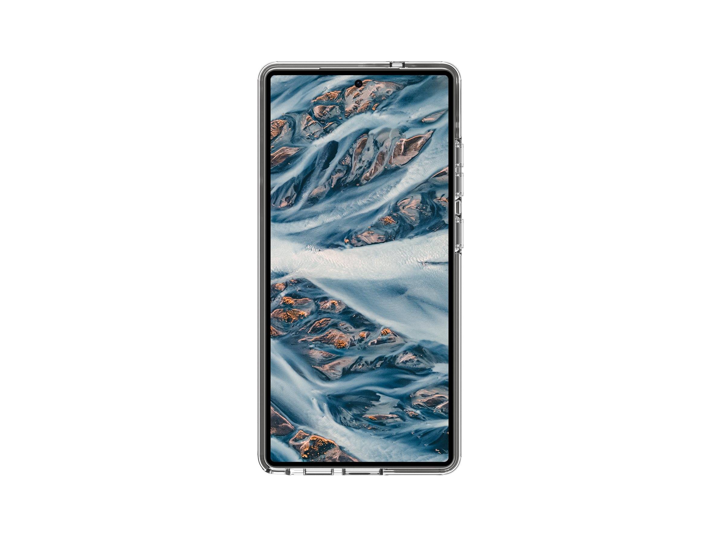 Ein Smartphone mit einem Flusslauf-Design auf seinem Bildschirm, das eine abstrakte Kunst in Blau- und Brauntönen darstellt.