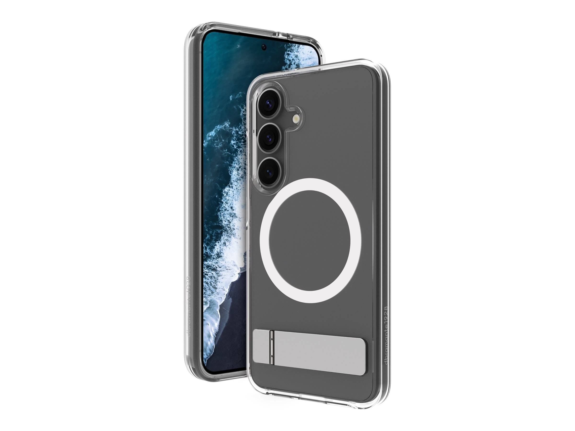 Ein Smartphone mit einer durchsichtigen Hülle, die ein Ozeanwellen-Hintergrundbild zeigt, steht auf einem weißen kreisförmigen Ständer.