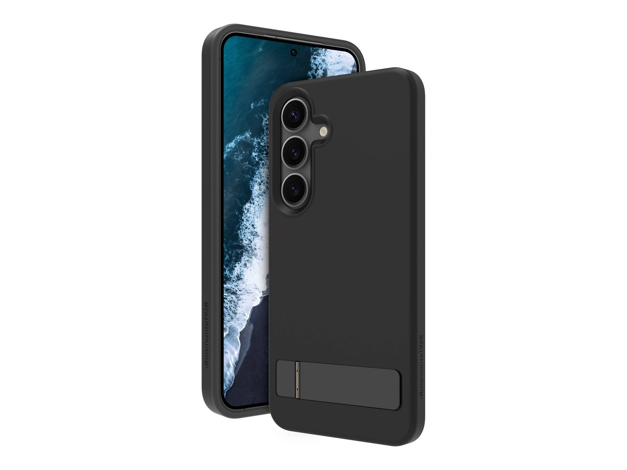 Ein Smartphone in einem schwarzen Gehäuse, das drei Rückkameras und einen Ozeanwellenhintergrund auf dem Bildschirm zeigt, diagonal präsentiert.