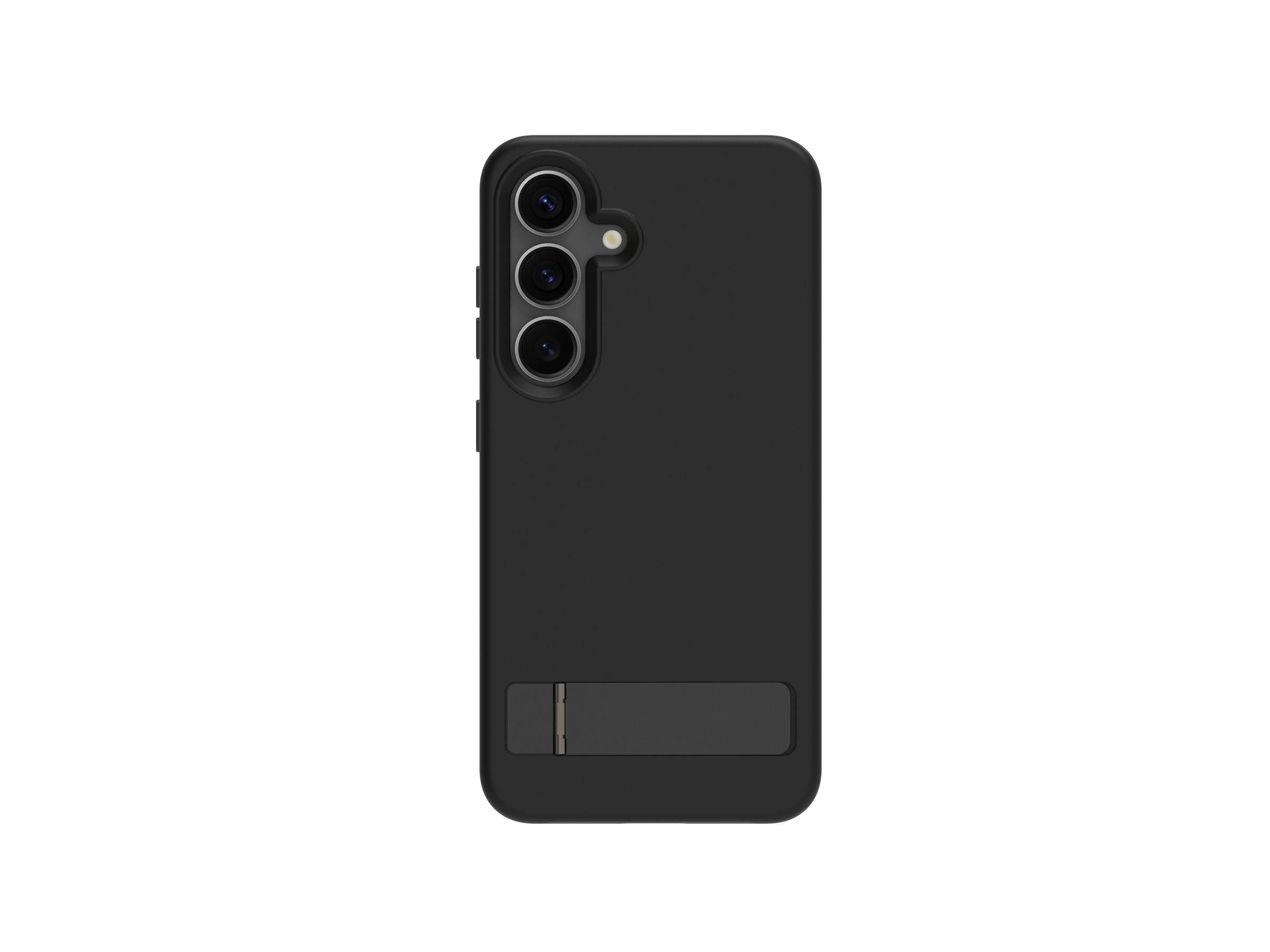 Eine schwarze Smartphone-Hülle mit drei Kameraausschnitten und einem integrierten Ständer in der Nähe des unteren Bereichs.