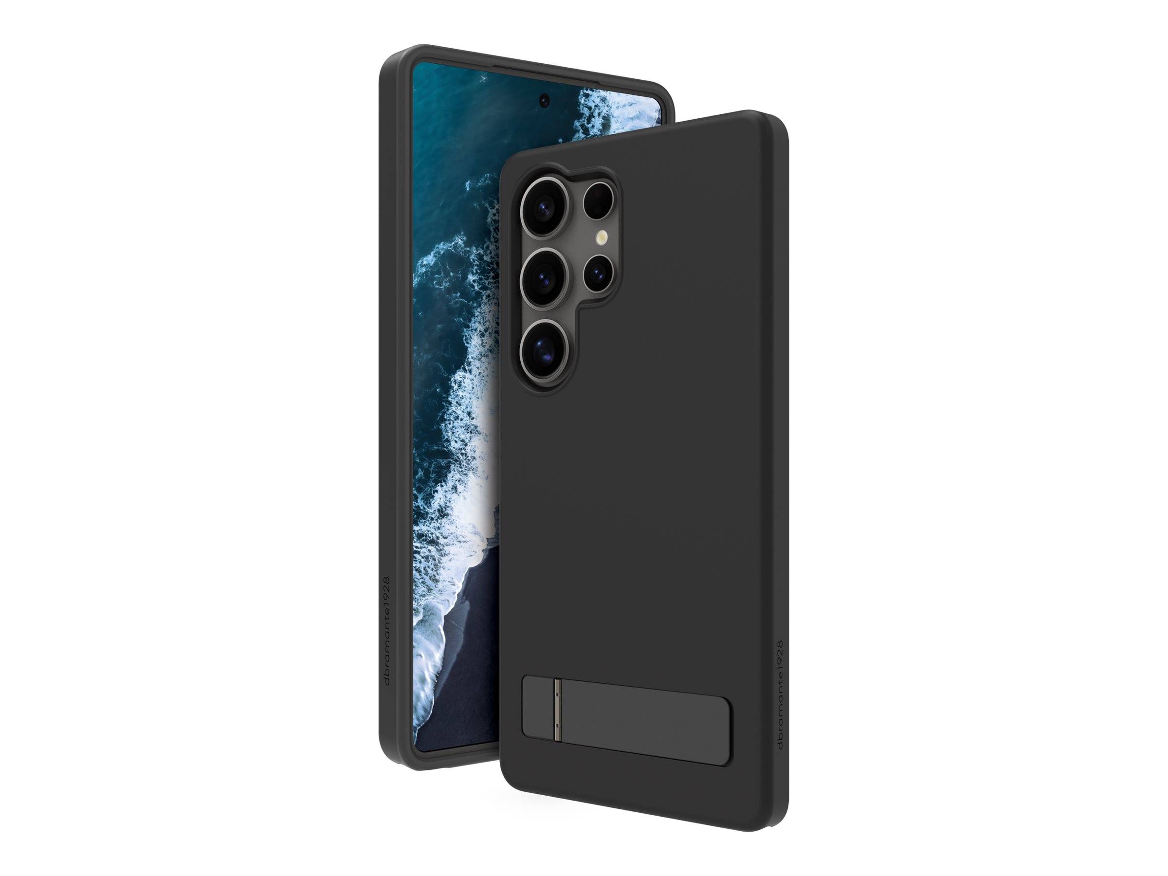 Smartphone mit schwarzem Schutzetui, ausgestattet mit vier Kameraobjektiven auf der Rückseite und einem Ständer. Hauptbild zeigt die Rückseite des Telefons, Nebenbild zeigt den Frontbildschirm mit einem Ozeanwellen-Hintergrund.