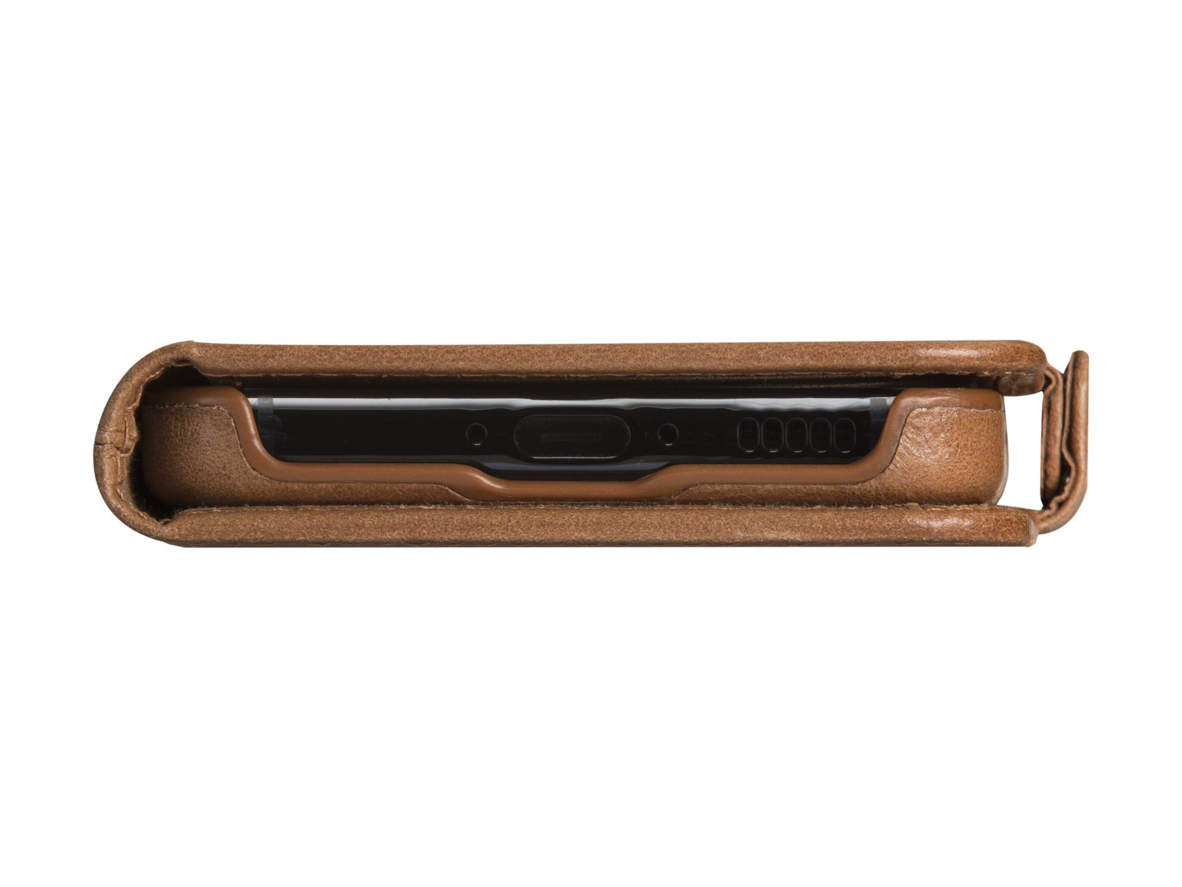 Braunes Leder-Telefongeldbörsen-Etui in geschlossener Seitenansicht dargestellt, mit einem Smartphone im Inneren und magnetischer Verschlusslasche.