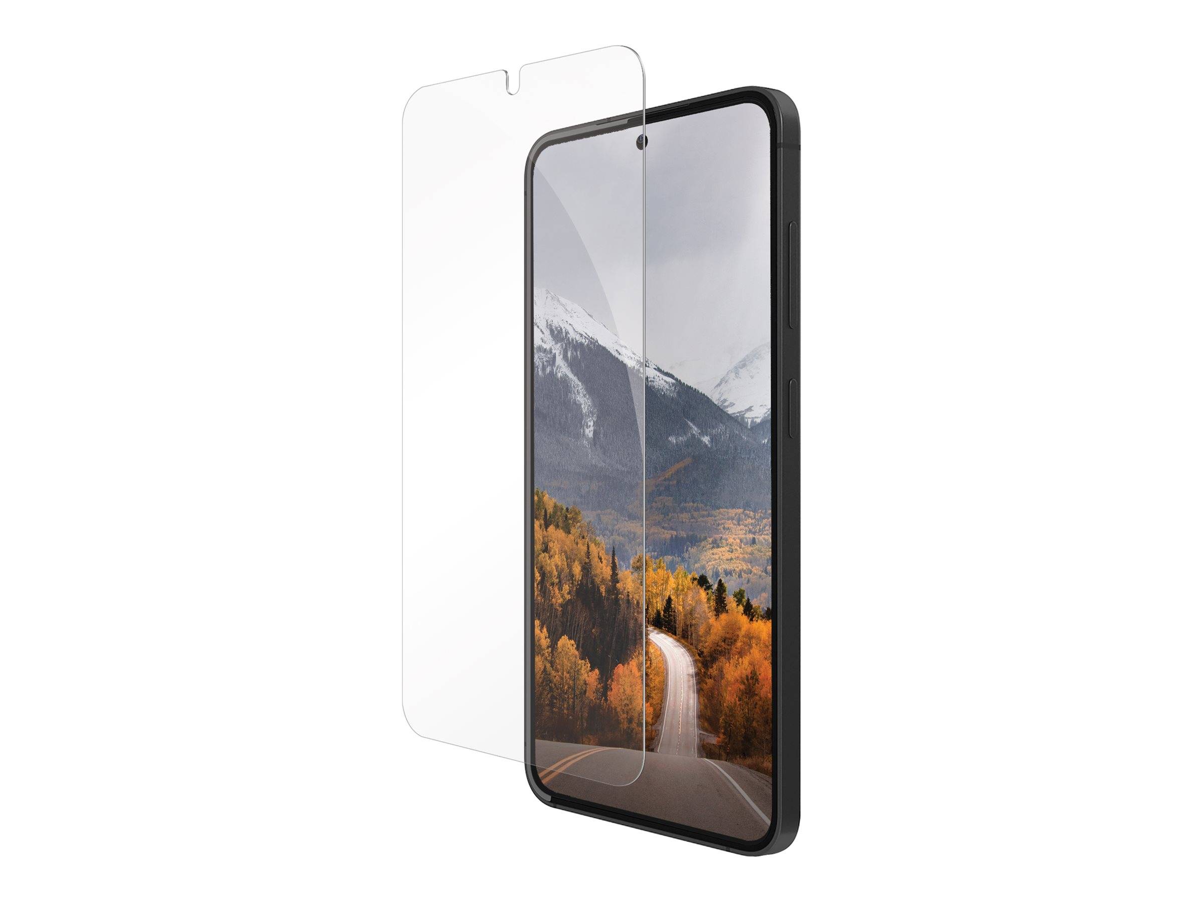 Ein Smartphone zeigt eine malerische Straße durch einen Herbstwald unter schneebedeckten Bergen. Ein transparenter Displayschutz ist daneben zu sehen.