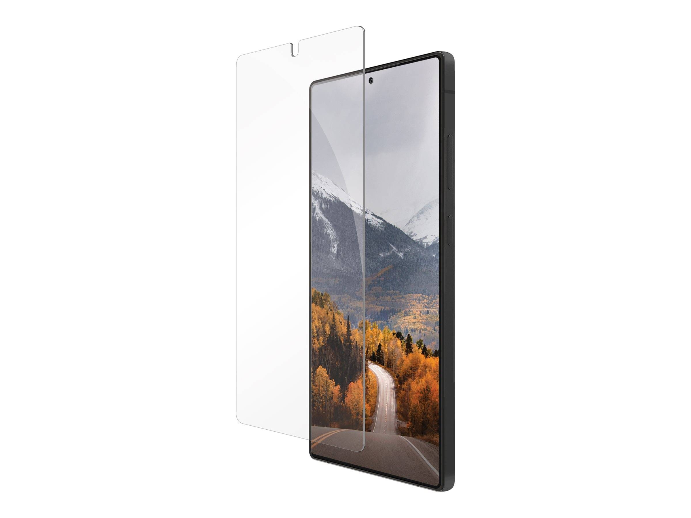 Ein Smartphone mit einer Herbstlandschaft auf seinem Bildschirm, teilweise von einer transparenten Schutzfolie verdeckt, die leicht nach links versetzt ist.