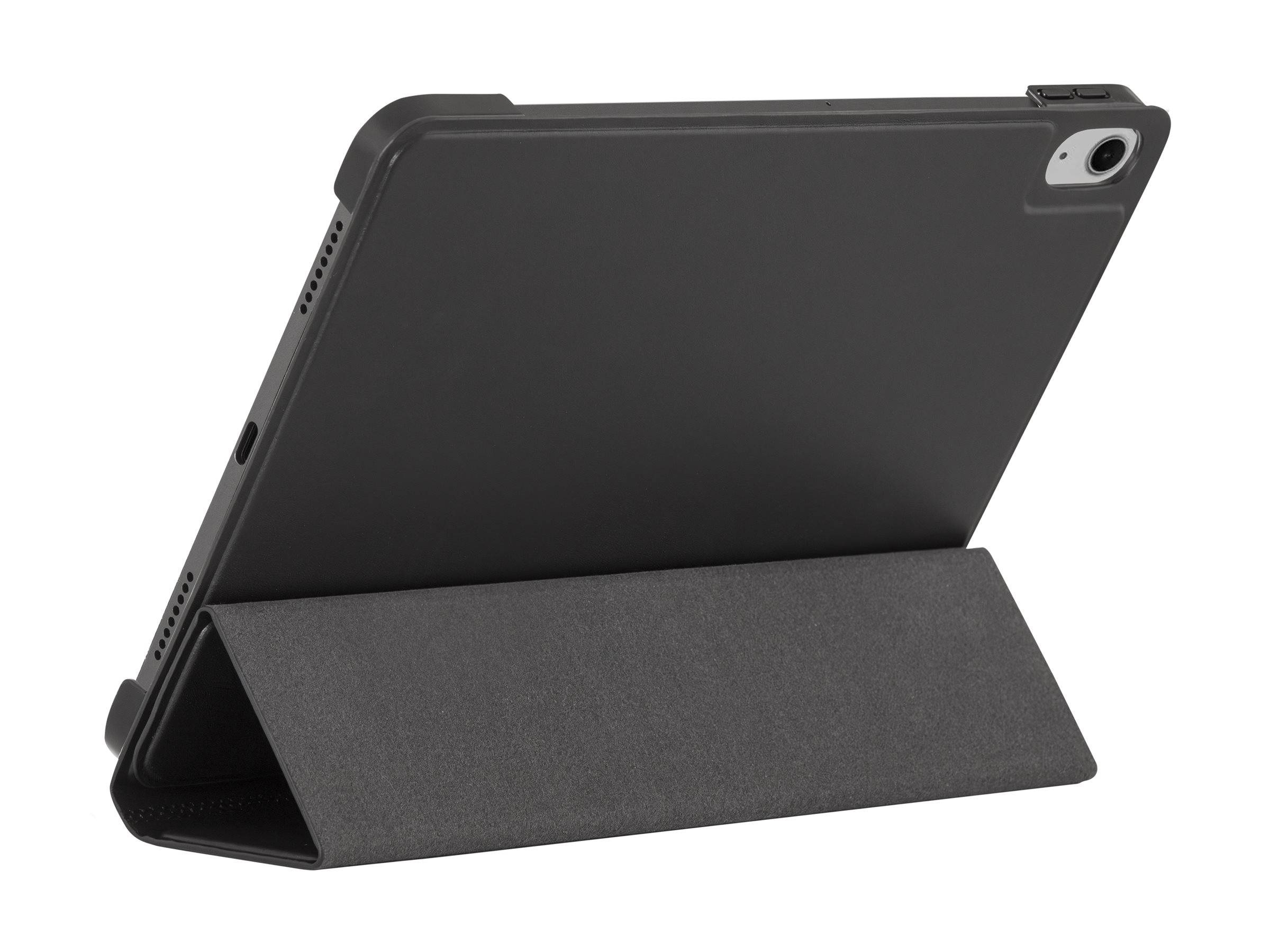 Ein schwarzes Tablet in einem Schutzgehäuse ist auf einem Ständer aufgestellt und zeigt die Rückansicht mit sichtbarer Kamera.