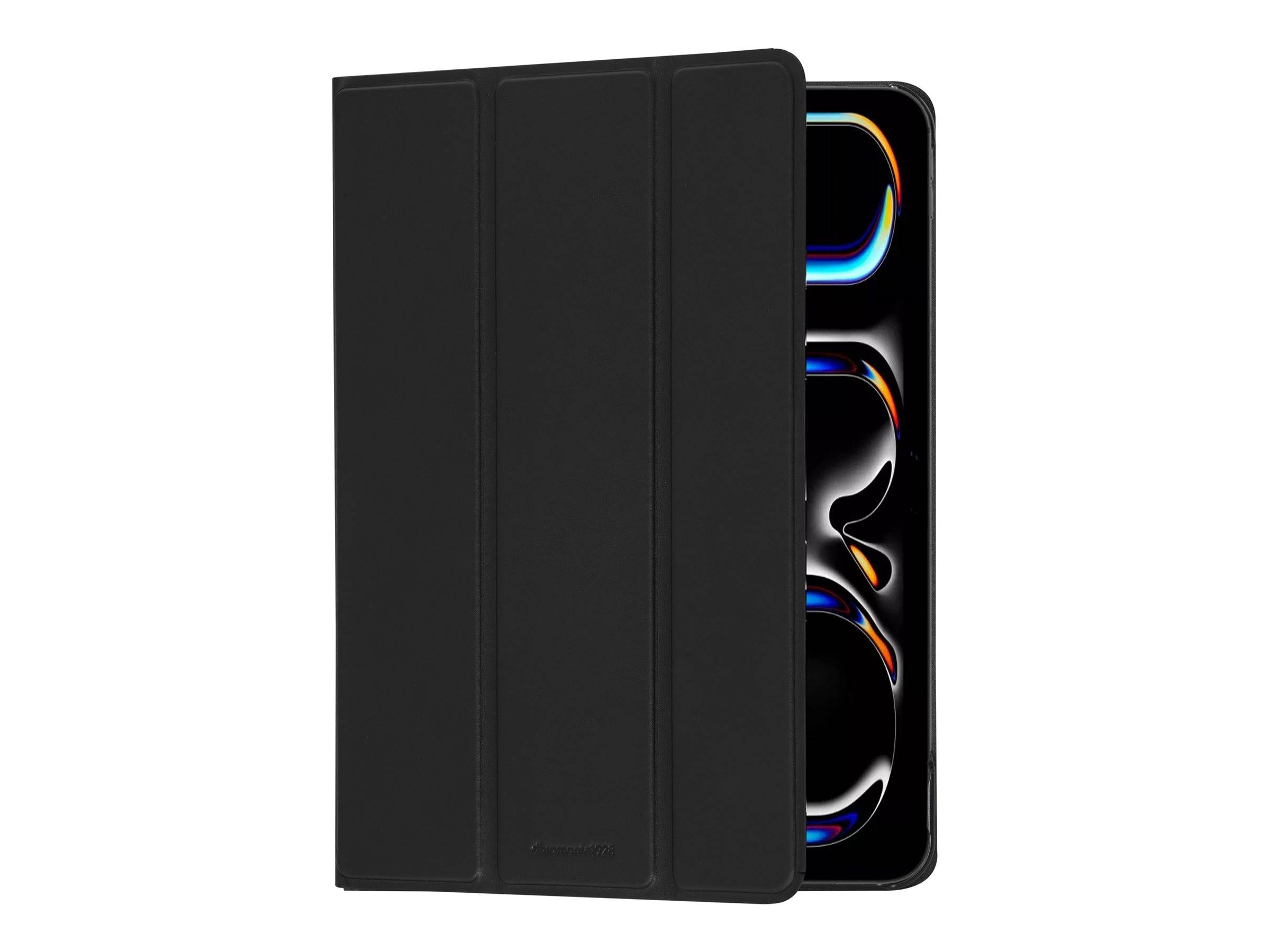 Ein Tablet, das teilweise von einem schwarzen Klappetui bedeckt ist und einen farbenfrohen Bildschirmrand zeigt.