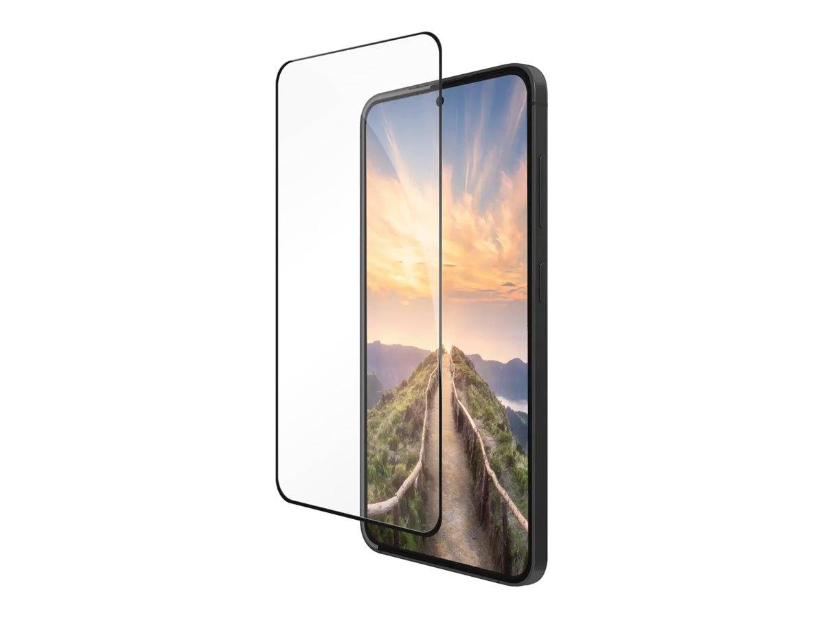 Smartphone mit einer lebendigen Bergsonnenuntergangsanzeige, begleitet von einem transparenten Displayschutz, der daneben unter einem Winkel liegt.