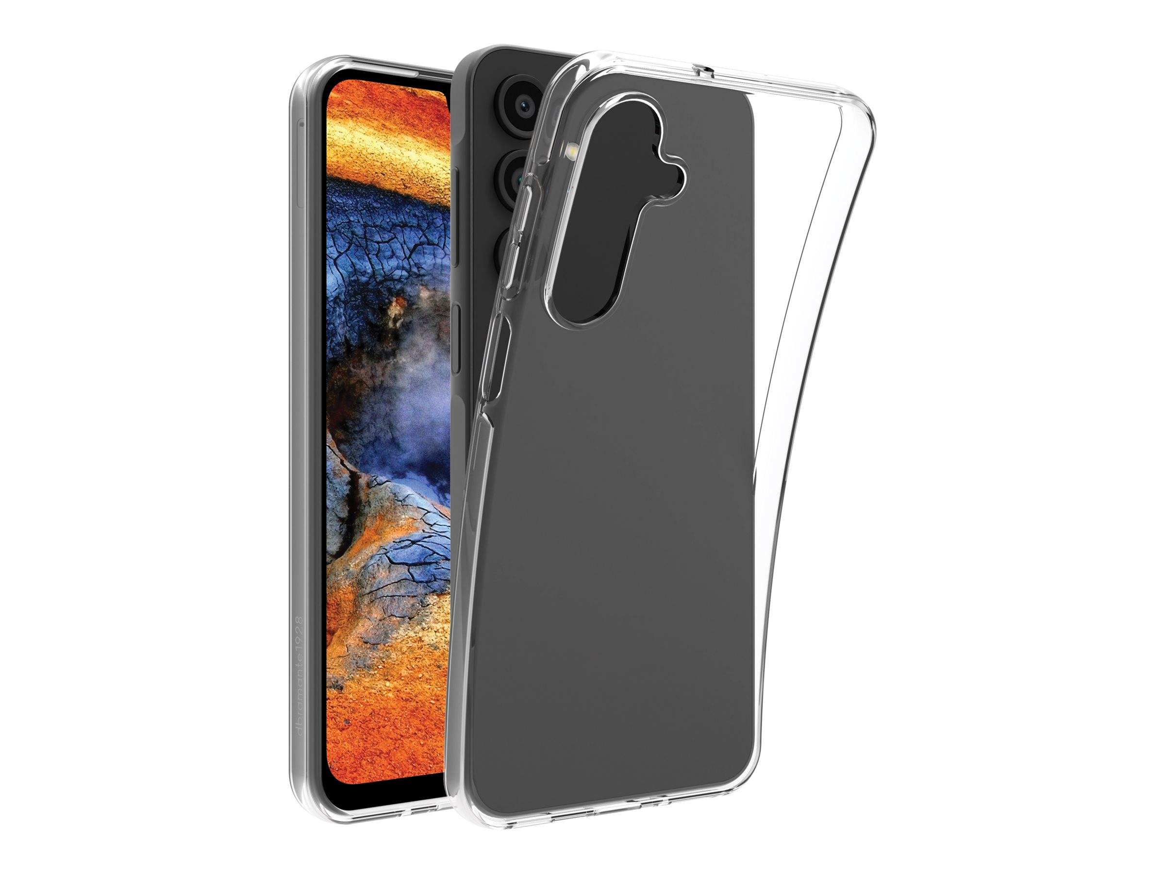 Smartphone in einem durchsichtigen, flexiblen Gehäuse. Der Telefonbildschirm zeigt abstrakte blaue und orangefarbene Kunst. Das Gehäuse bietet vollständigen Schutz an Rückseite und Seiten.