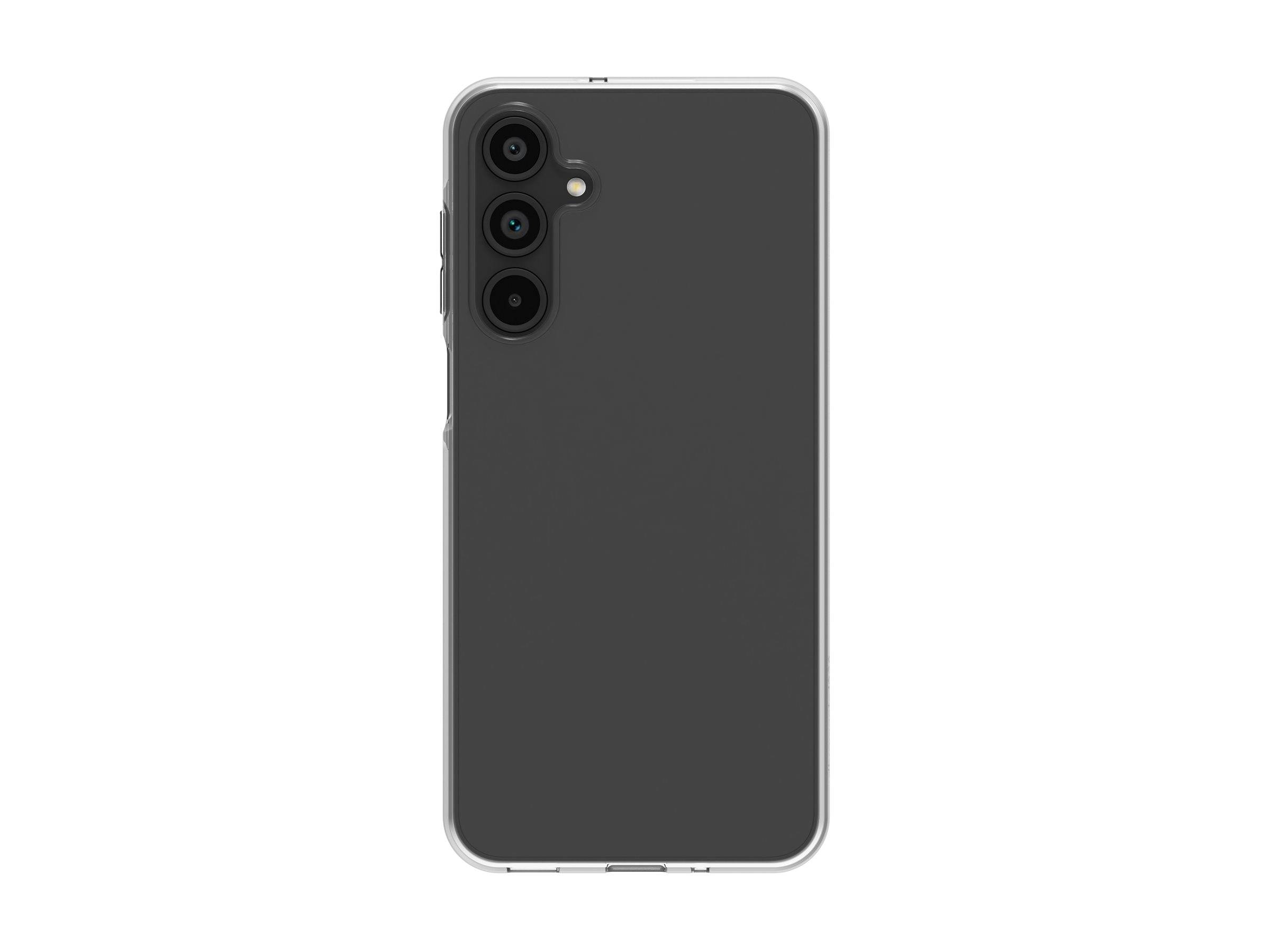 Ein schwarzes Smartphone-Rückenteil mit drei vertikal ausgerichteten Kameraobjektiven und einem Blitz.