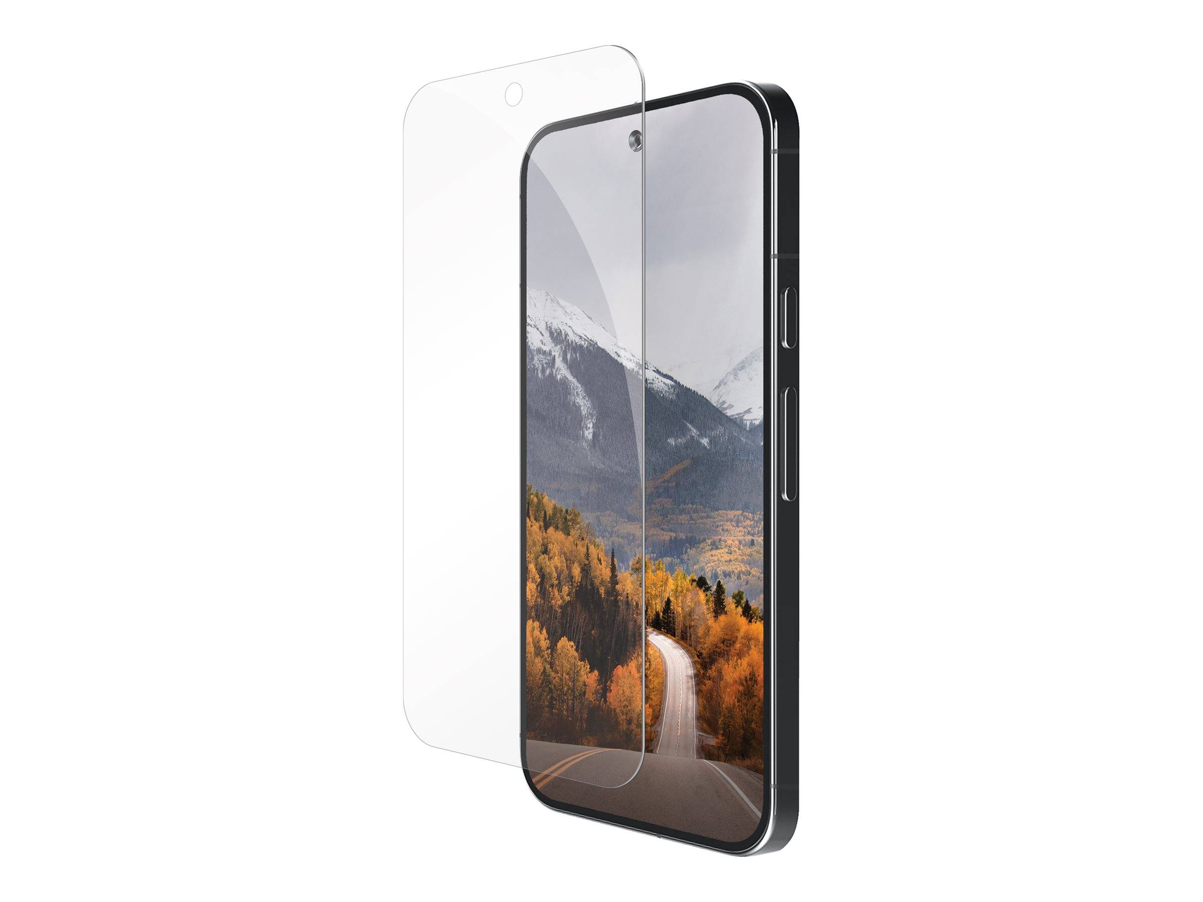 Ein Smartphone mit teilweise aufgeklebter Displayschutzfolie, das eine malerische Herbststraße mit Bergen und Bäumen im Hintergrund zeigt.
