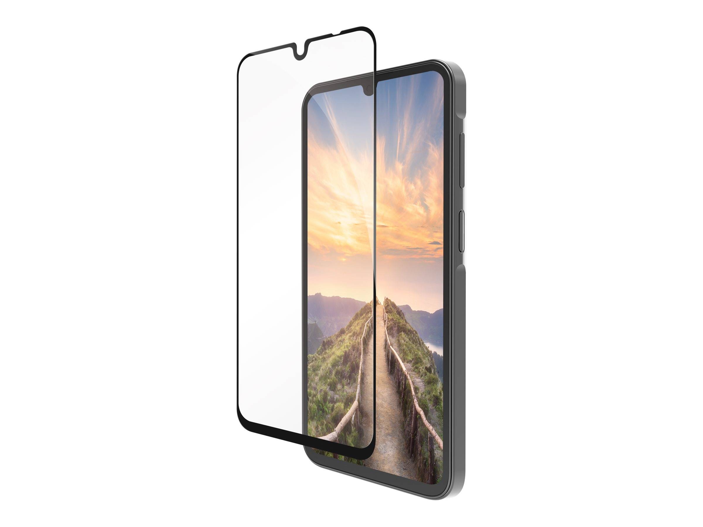 Ein Smartphone mit einer hellen Landschaft auf dem Bildschirm und einer transparenten Displayschutzfolie, die darüber ausgerichtet ist und den Schutzbereich zeigt.