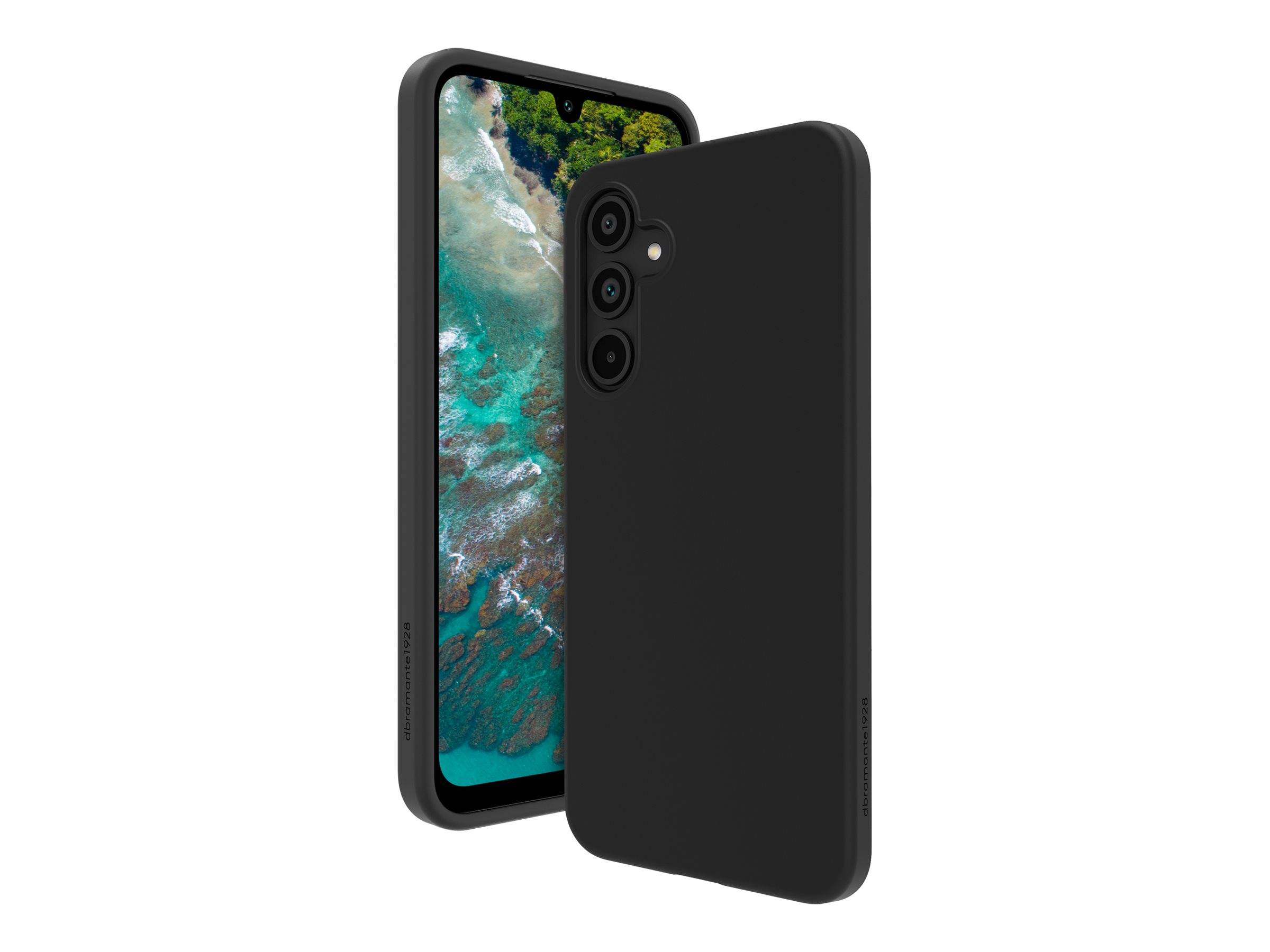 Schwarze Handyhülle auf einem Smartphone, auf dessen Bildschirm ein Strand und Ozean zu sehen sind. Die Hülle verfügt über präzise Aussparungen für Tasten und Kameras.