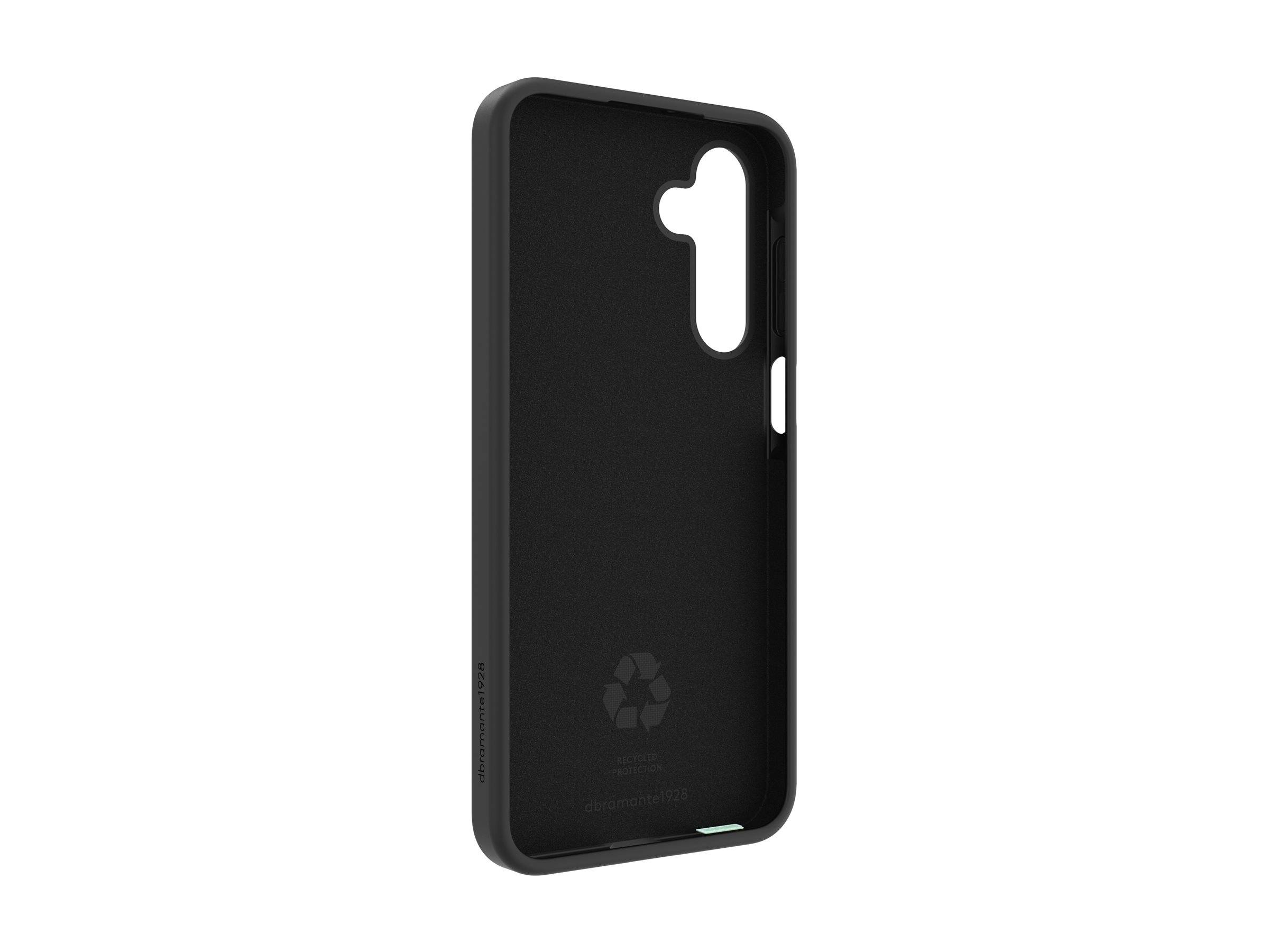 Eine schwarze Handyhülle mit Aussparung für den Seitenknopf, mit einem Recycling-Symbol versehen, was darauf hindeutet, dass sie aus recycelten Materialien hergestellt wurde.