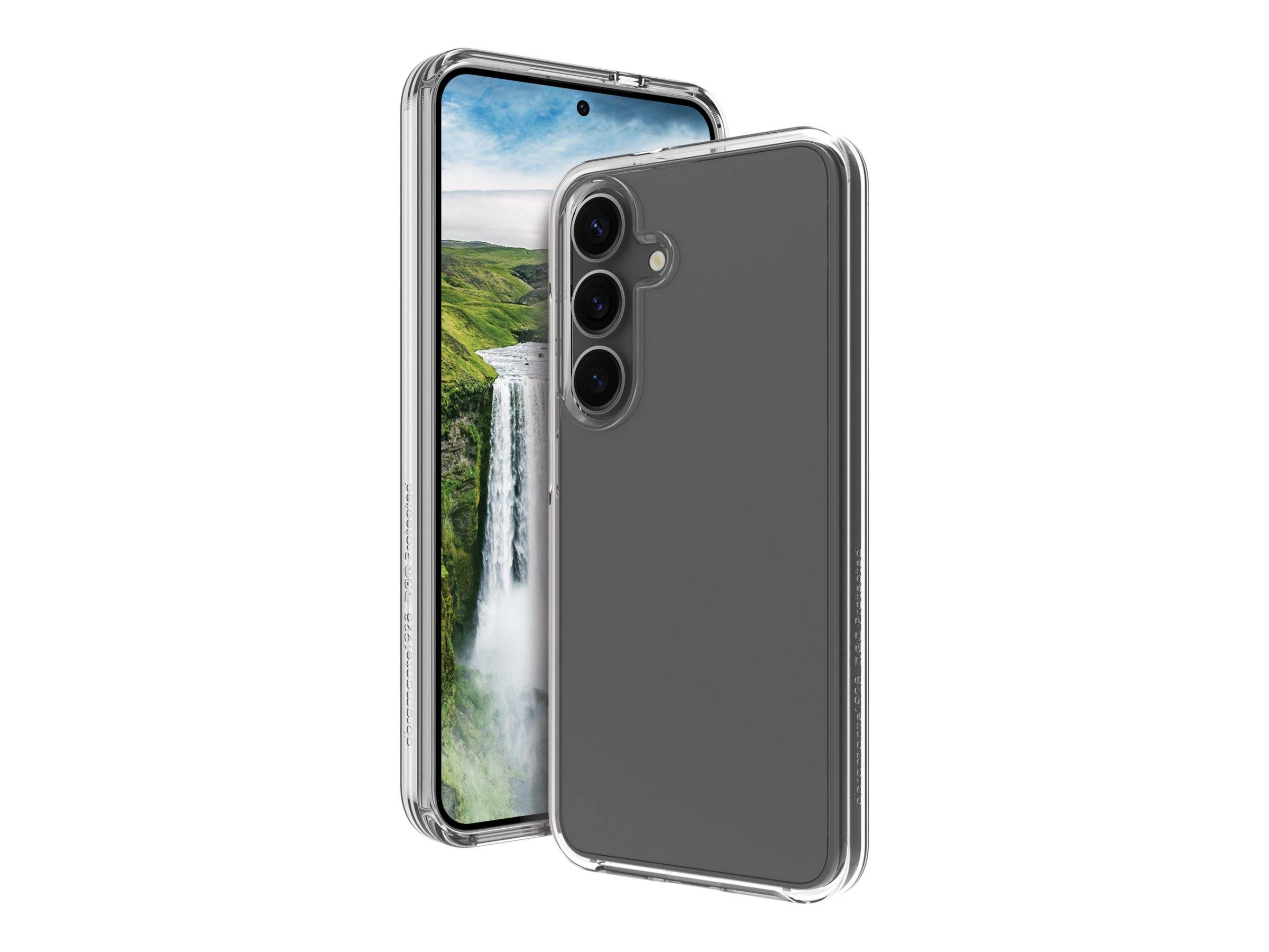 Ein schlankes Smartphone mit drei Rückkameras ist in einem durchsichtigen Schutzgehäuse zu sehen, auf dessen Bildschirm eine lebendige Wasserfallszene zu erkennen ist.