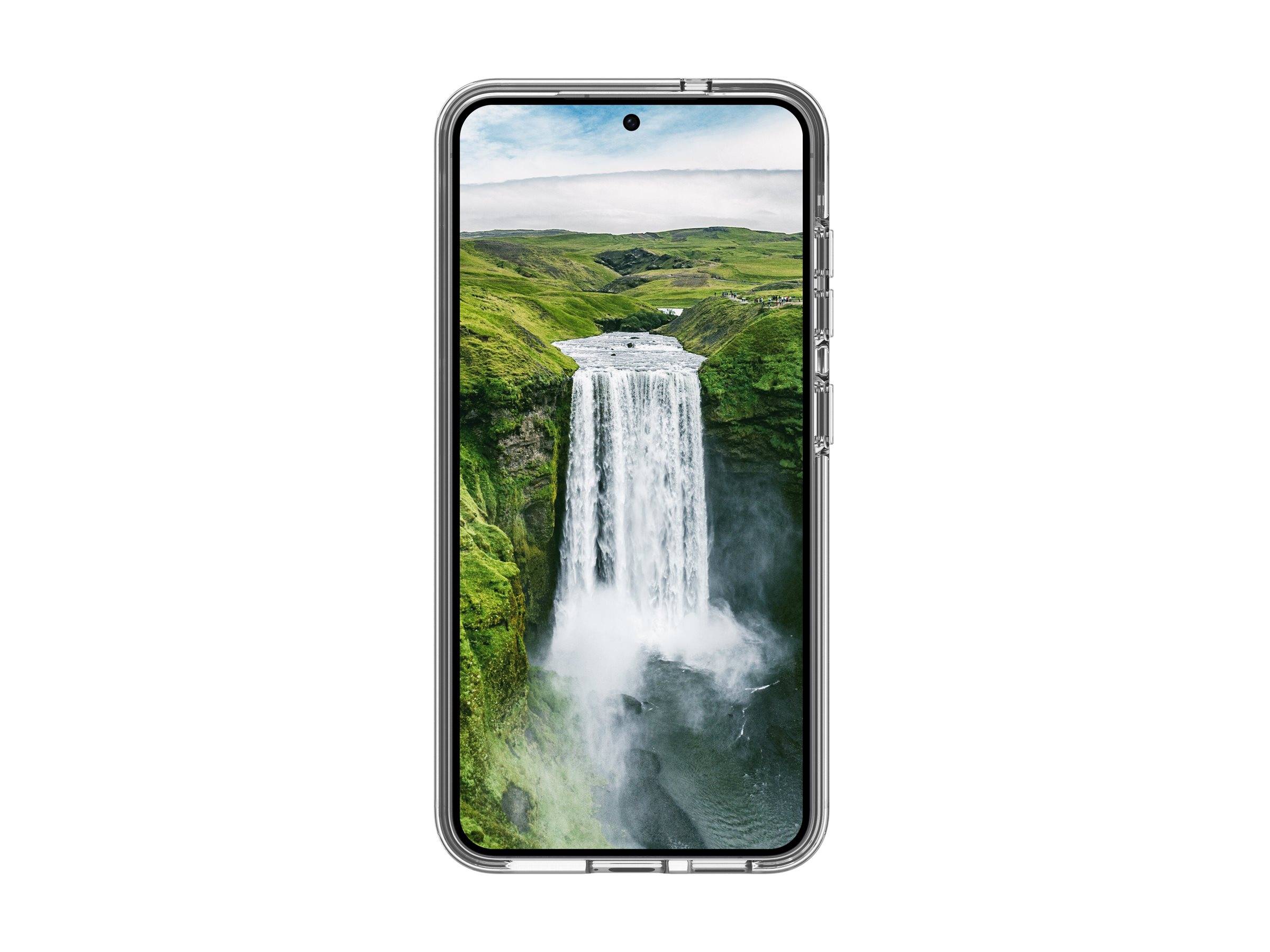 Ein Smartphone mit einem Hintergrund einer Wasserfall-Szenerie, der üppige grüne Umgebung und einen klaren Himmel zeigt.