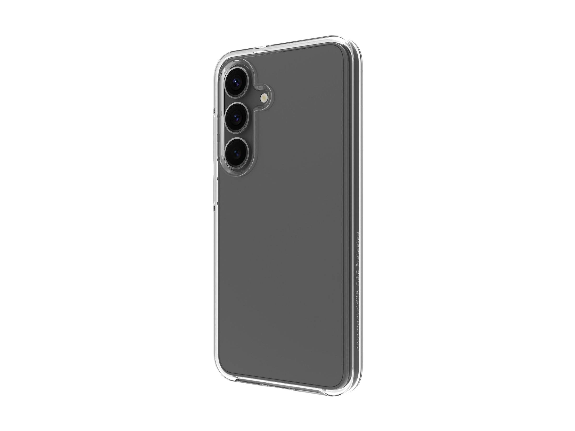 Ein schlankes, modernes Smartphone mit drei Rückkameras in vertikaler Anordnung, eingehüllt in eine transparente Schutzhülle, vor einem weißen Hintergrund.
