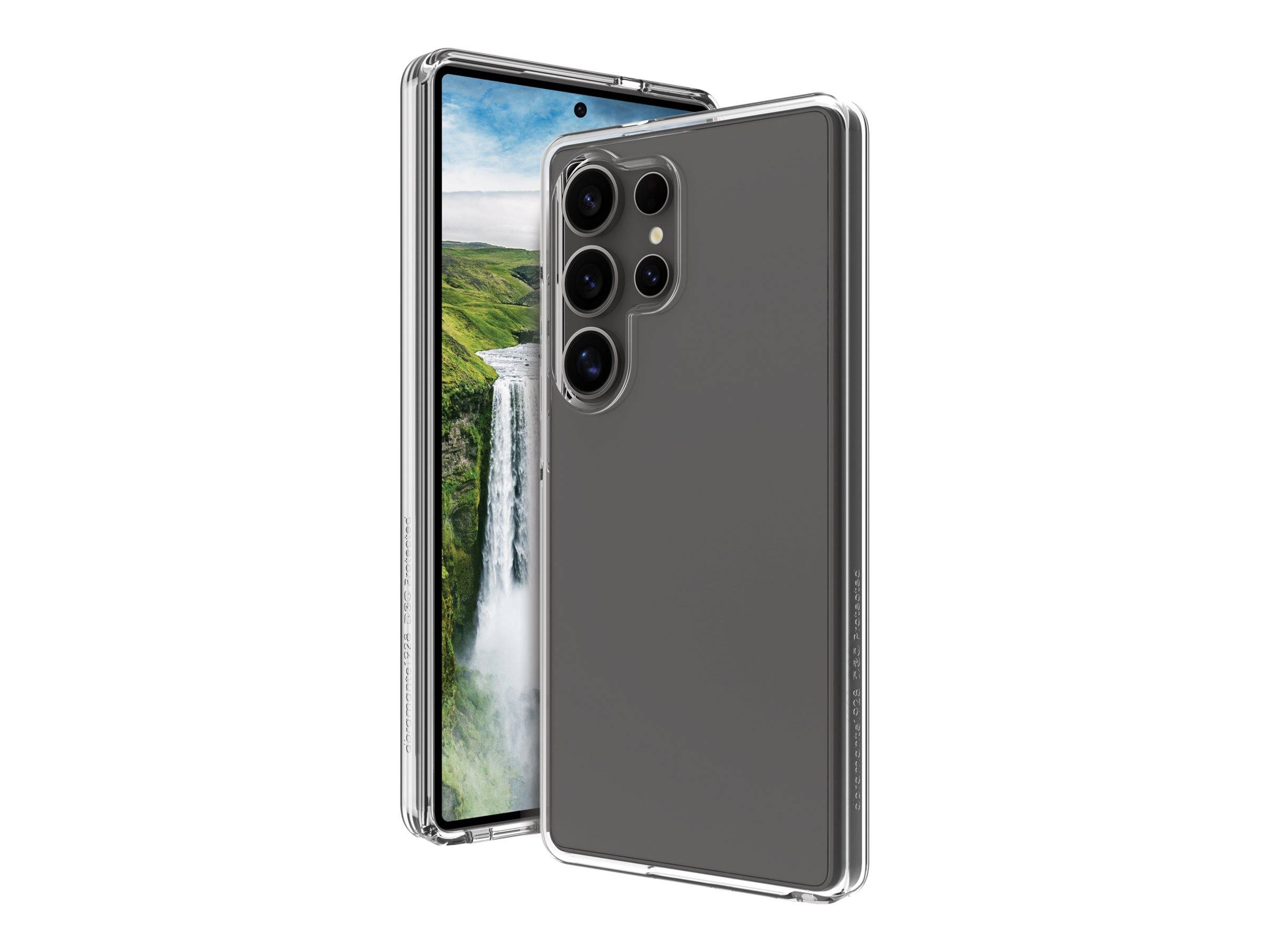 Zwei Smartphones mit Wasserfall-Hintergründen auf den Bildschirmen; eines von vorne, eines von hinten mit Kameraobjektiven. Transparente Schutzhüllen.