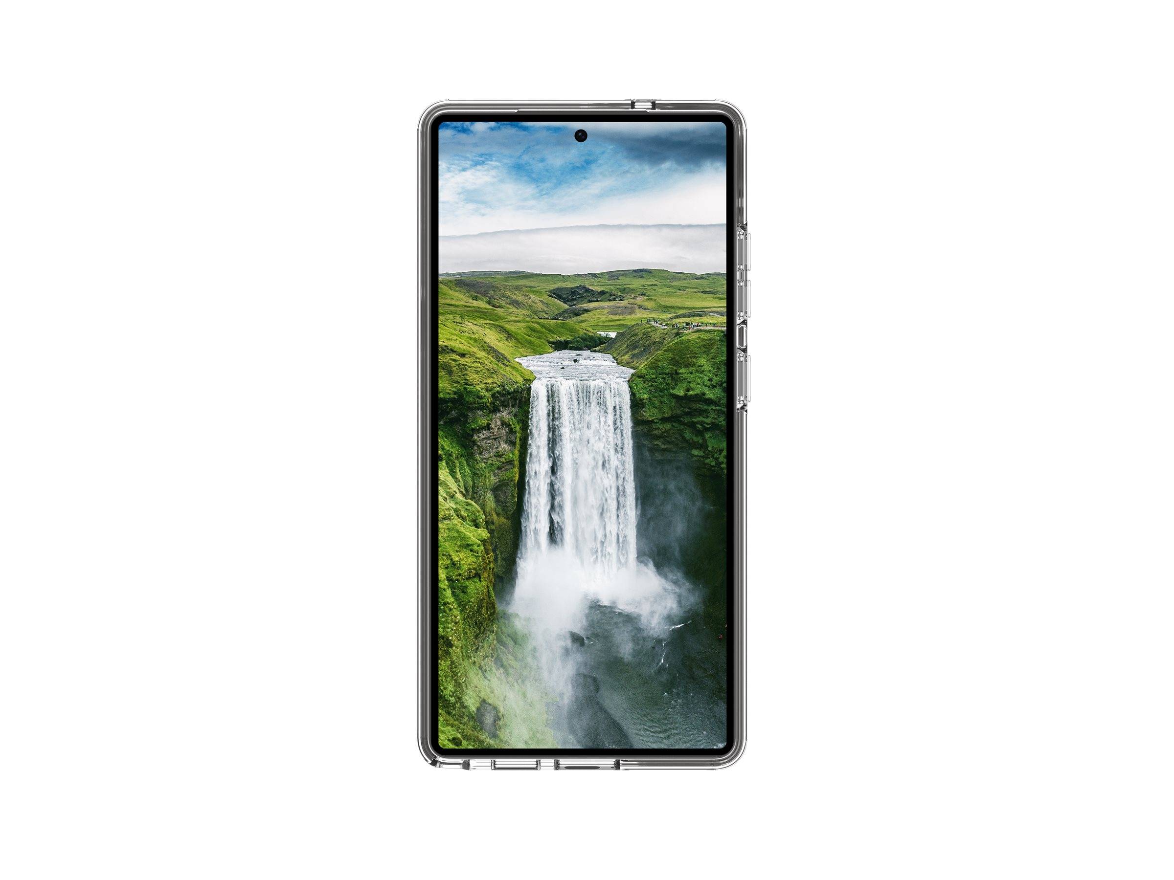 Ein Smartphone, das ein lebendiges Display mit einem Bild eines Wasserfalls zeigt, der durch üppige grüne Hügel unter einem teilweise bewölkten Himmel fließt.