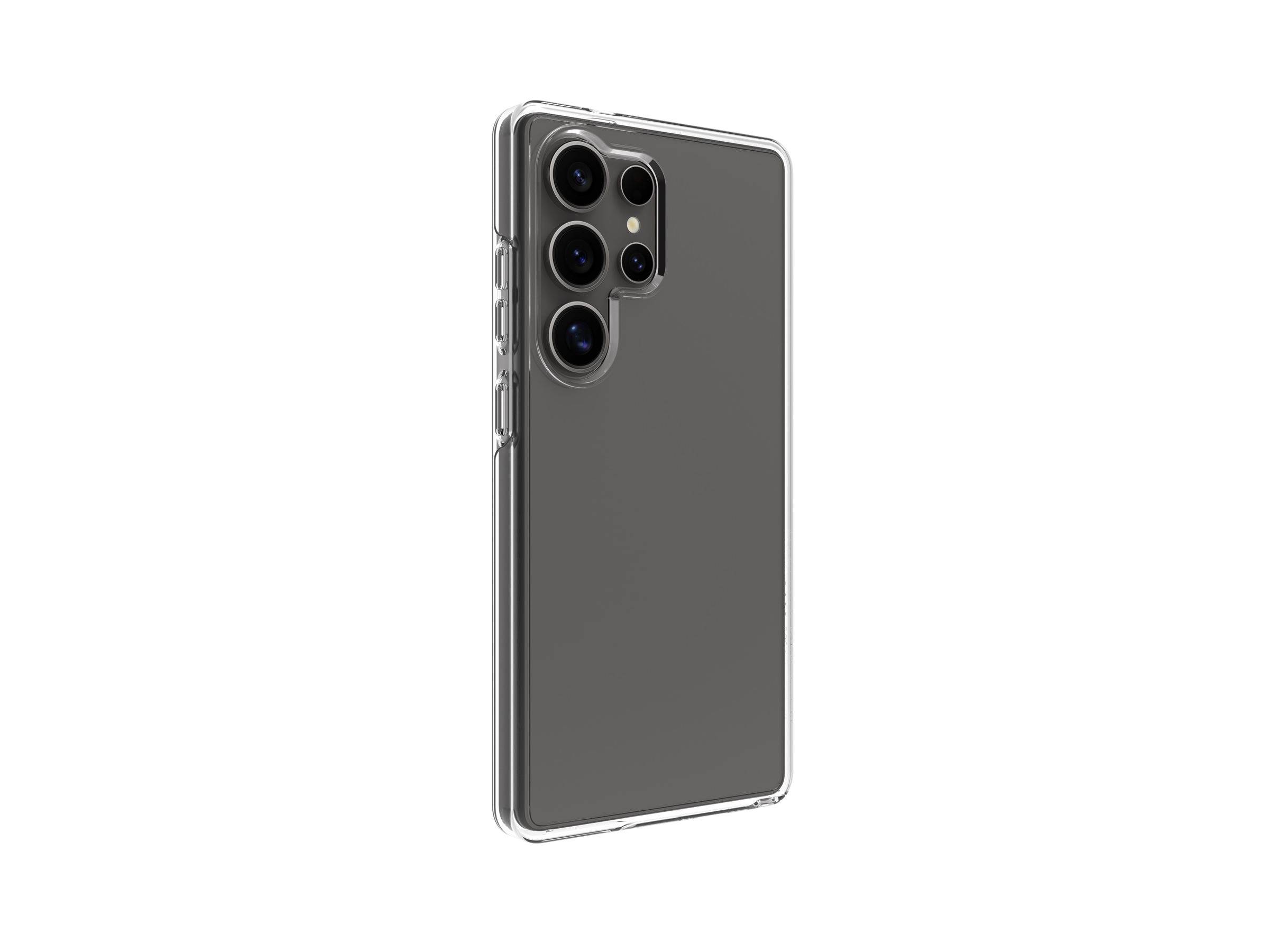 Transparente Handyhülle auf einem schwarzen Smartphone mit mehreren Kameras auf der Rückseite, vor einem weißen Hintergrund platziert.