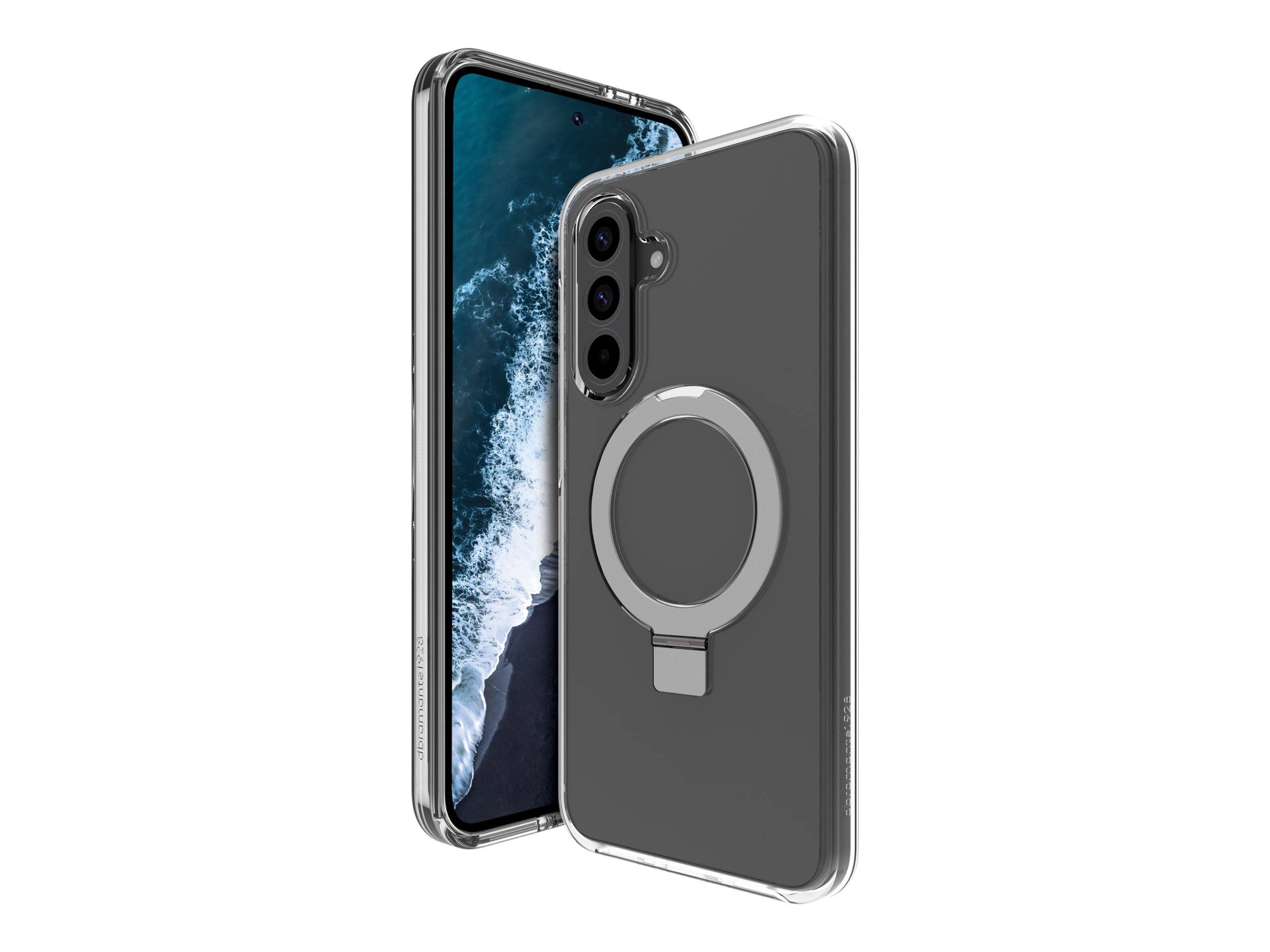 Eine durchsichtige Handyhülle mit einem Ringhalter auf der Rückseite, die auf einem Smartphone mit einem Ozeanwellen-Hintergrund gezeigt wird.