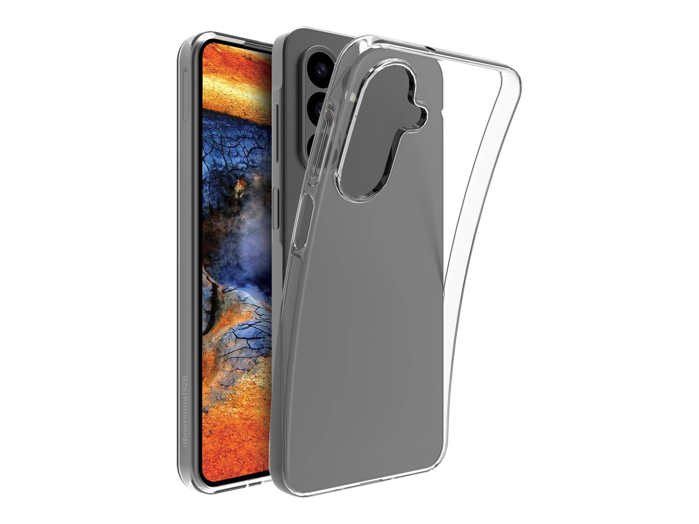 Durchsichtige Handyhülle mit Aussparungen, zusammen mit einem Smartphone präsentiert. Das Handy zeigt ein abstraktes Design, wodurch die Transparenz und Passgenauigkeit der Hülle hervorgehoben wird.