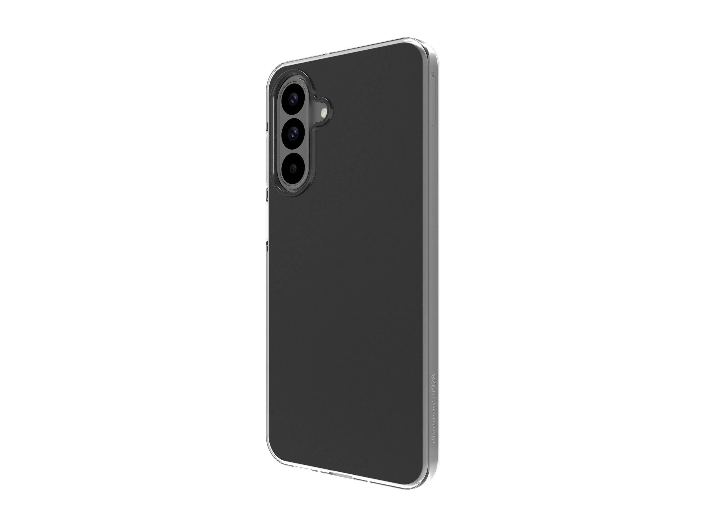 Ein schlankes schwarzes Smartphone mit einer transparenten Hülle, das drei Rückkameras und einen metallfarbenen Rahmen zeigt. Das Design ist modern und minimalistisch.