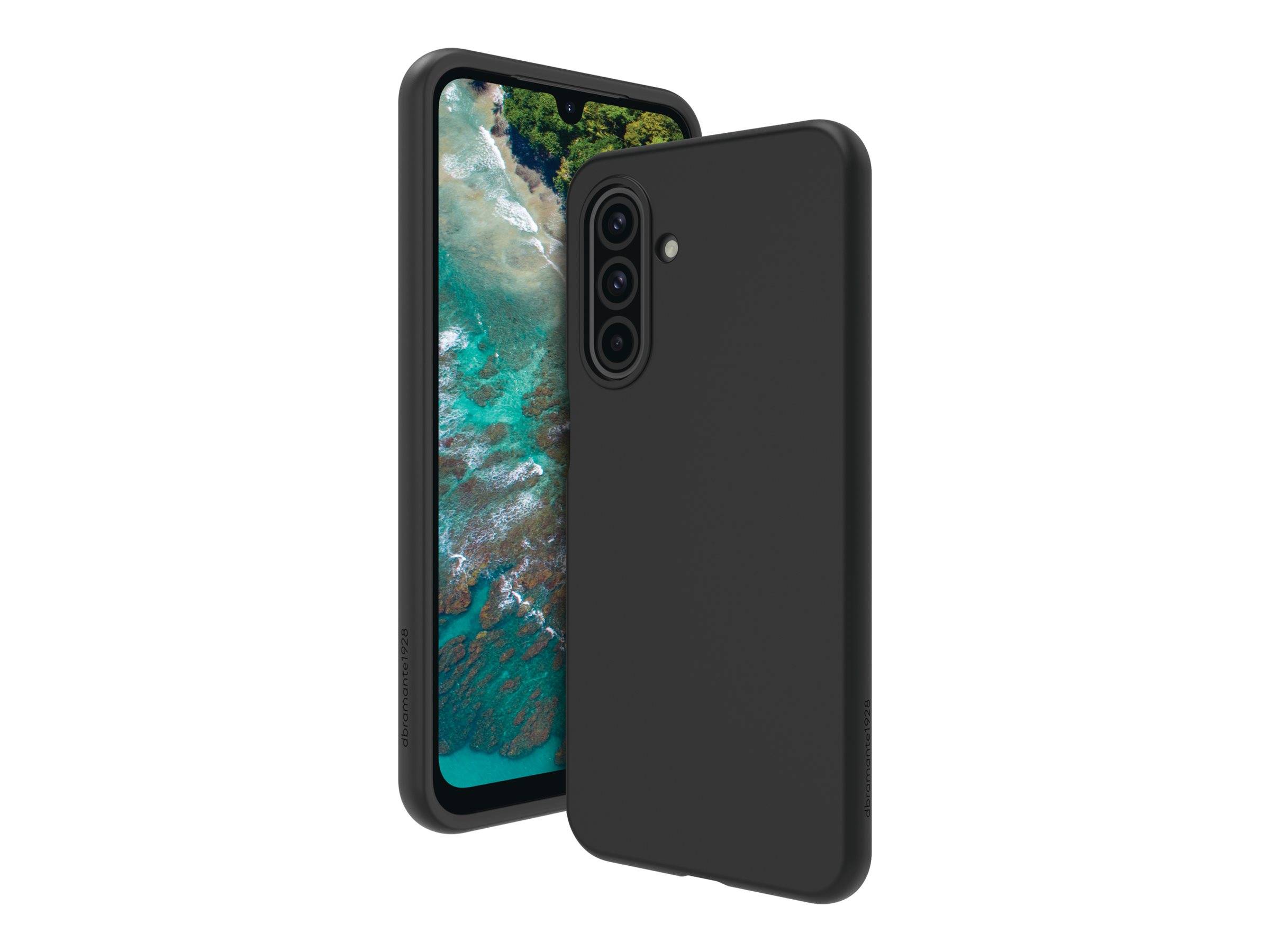 Ein Smartphone mit einer schwarzen Schutzhülle wird gezeigt, auf dessen Bildschirm eine Luftaufnahme einer malerischen Küstenlandschaft zu sehen ist.