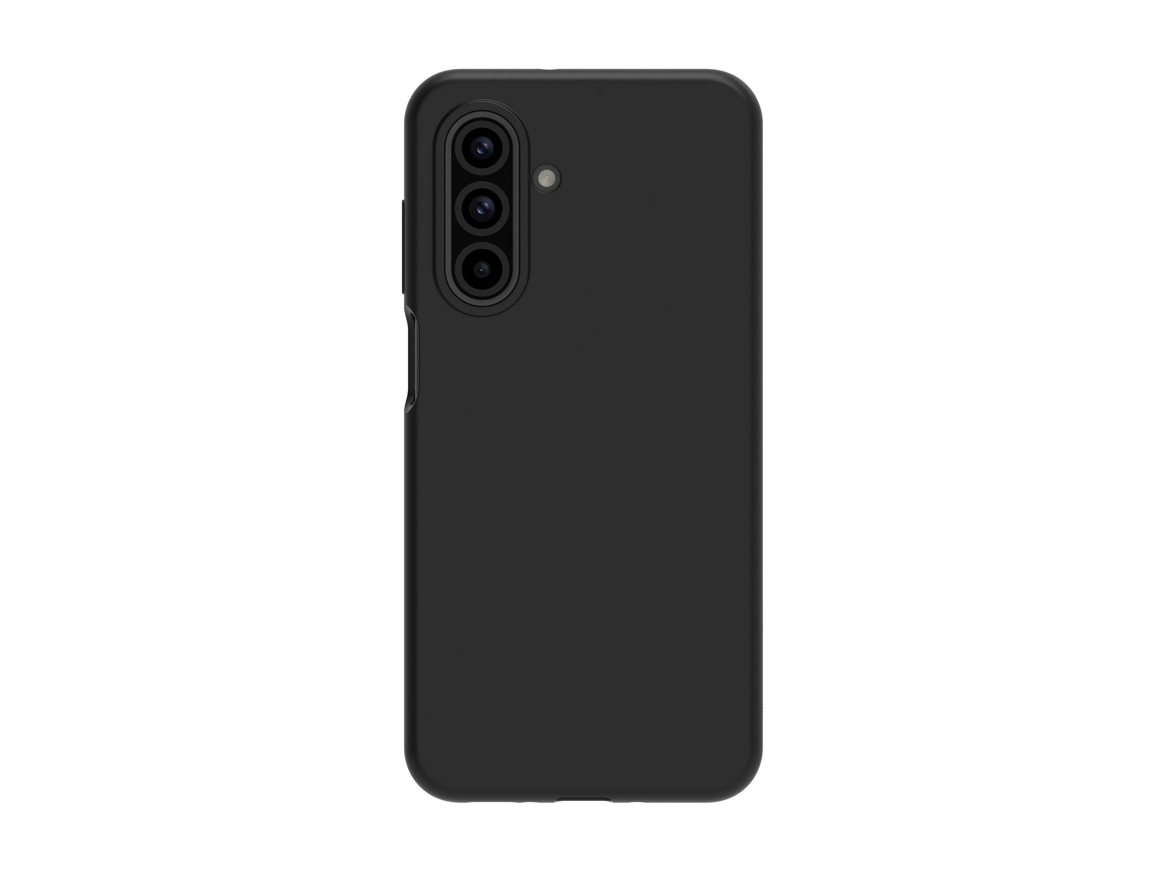 Eine schwarze Smartphone-Hülle, von hinten betrachtet, mit Aussparungen für die Kamera und den Blitz. Das Design ist schlicht und minimalistisch.