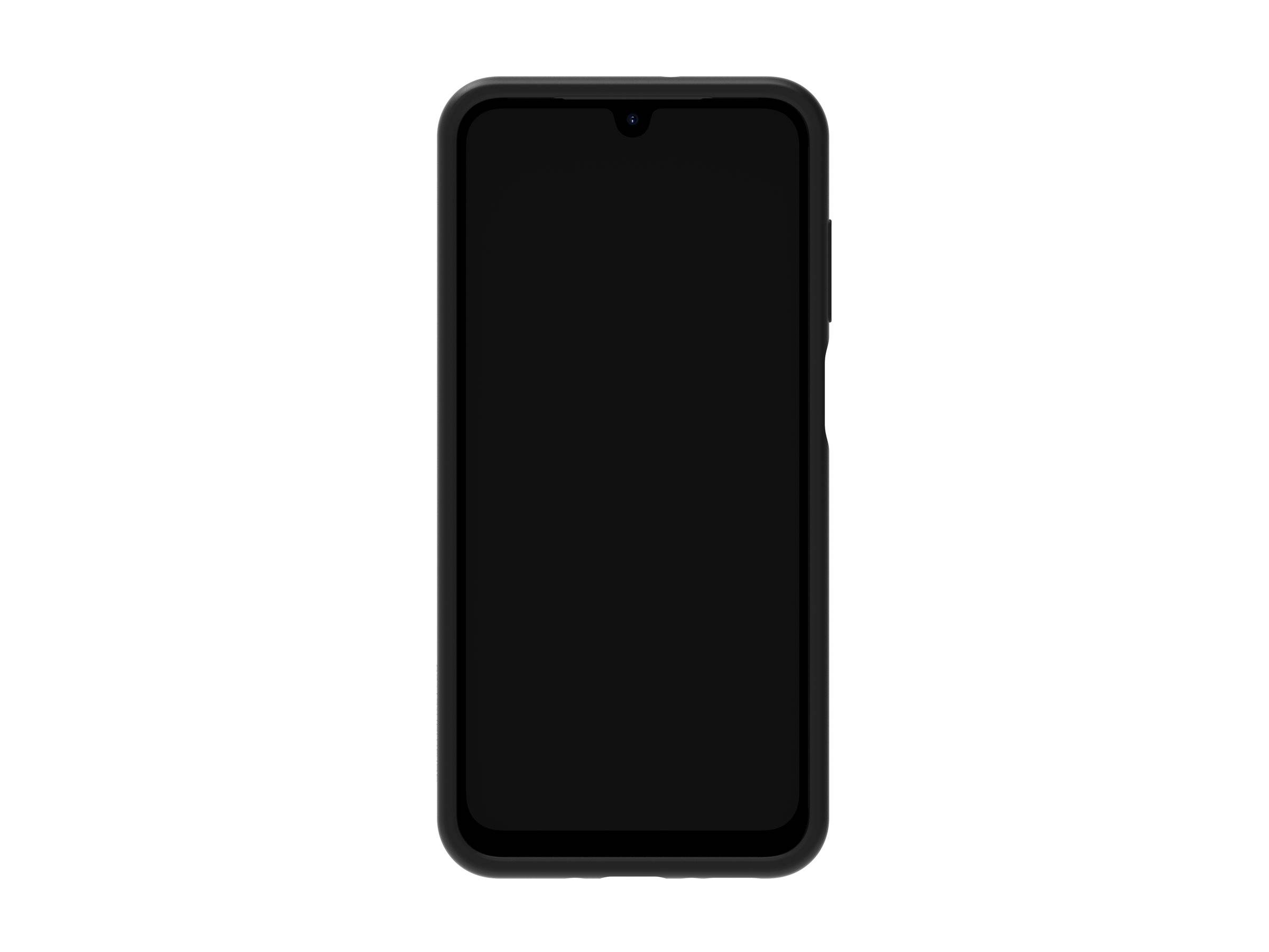 Ein schwarzes Smartphone mit einem leeren Bildschirm, das ein minimalistisches Design zeigt, mit einer kleinen Notch am oberen Rand und schmalen Einfassungen.