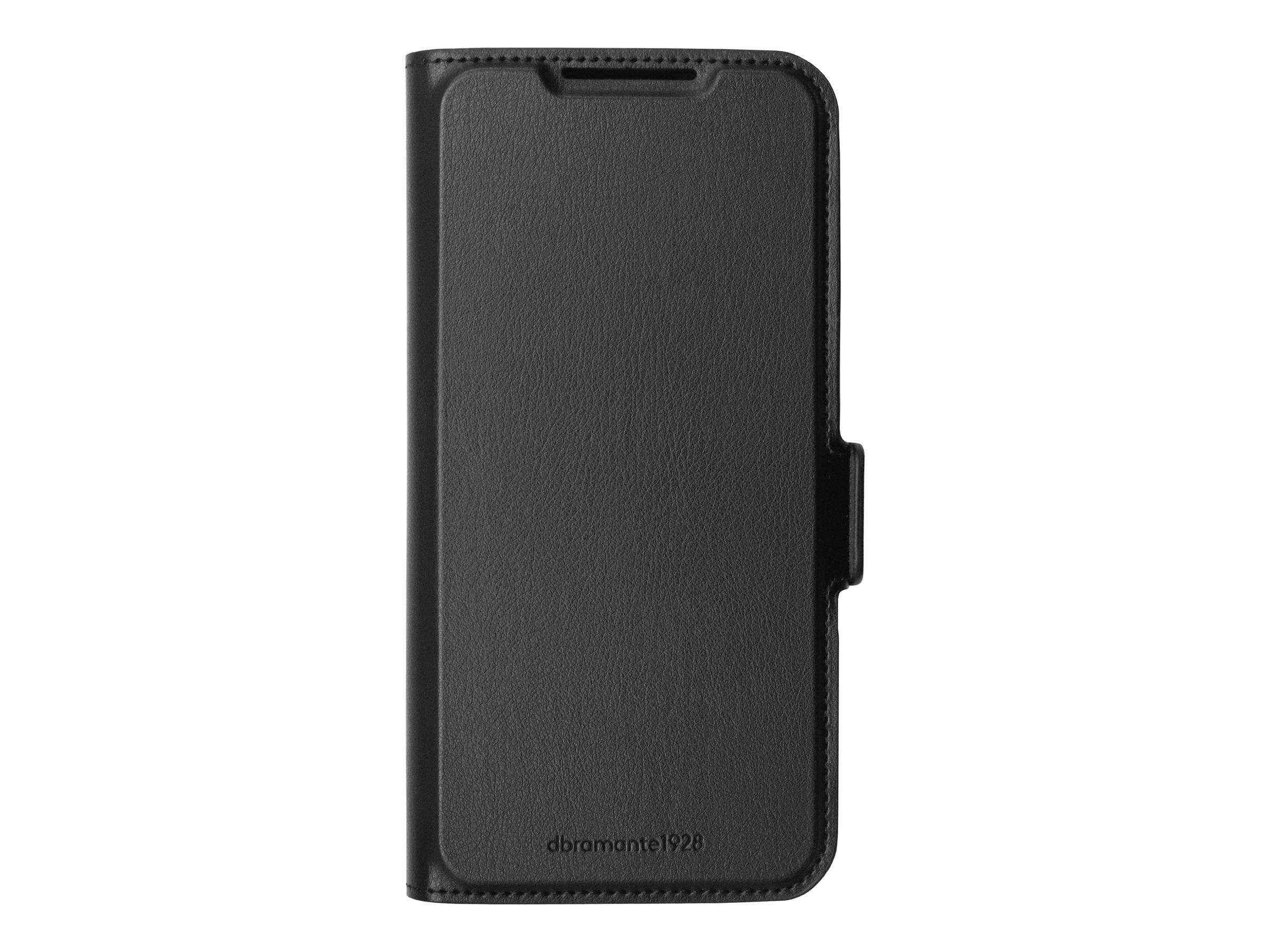 Schwarze Leder-Handytasche mit Vorderseite geschlossen, gezeigt auf weißem Hintergrund.