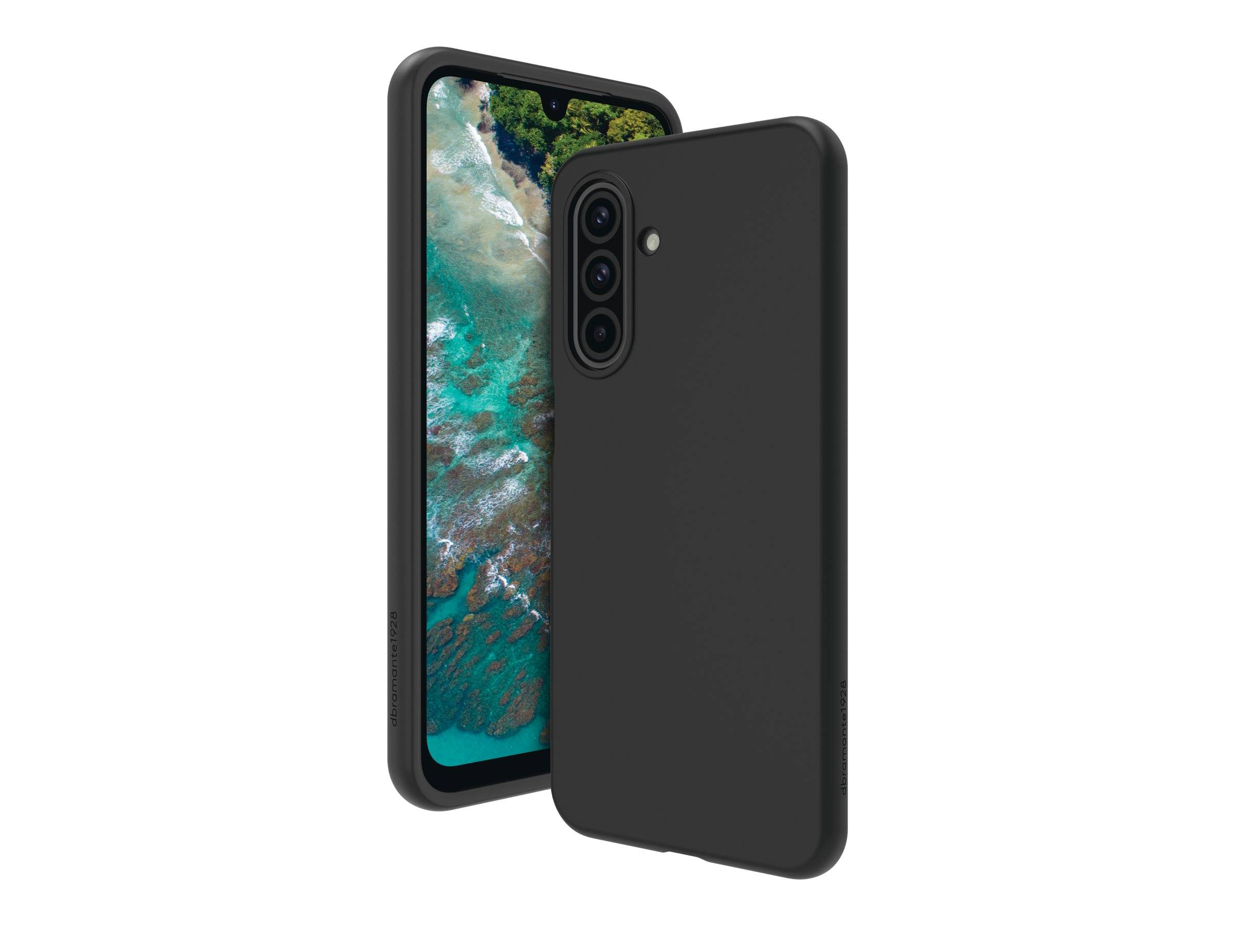 Eine schwarze Handyhülle ist zu sehen, die ein Smartphone teilweise umschließt, auf dessen Bildschirm eine Meeresszene mit Wasser und Vegetation zu erkennen ist.