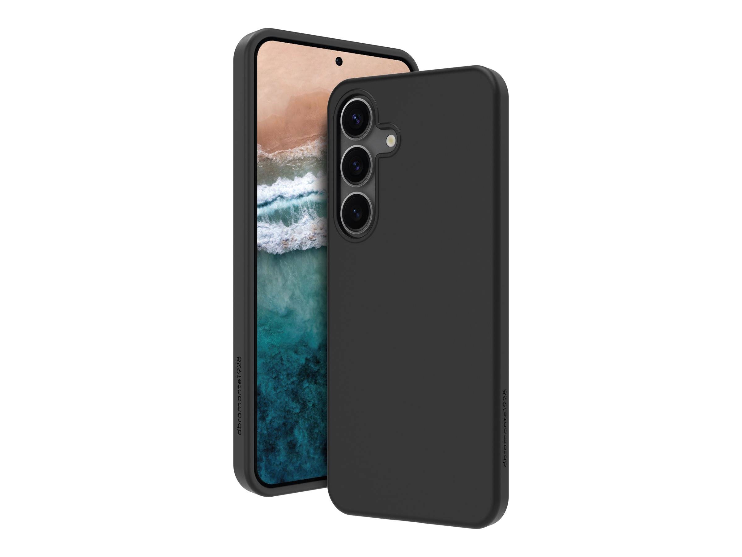 Ein Smartphone in einem schwarzen Gehäuse wird von vorne und hinten gezeigt. Der Bildschirm zeigt eine Luftaufnahme von Meereswellen an einem sandigen Strand.