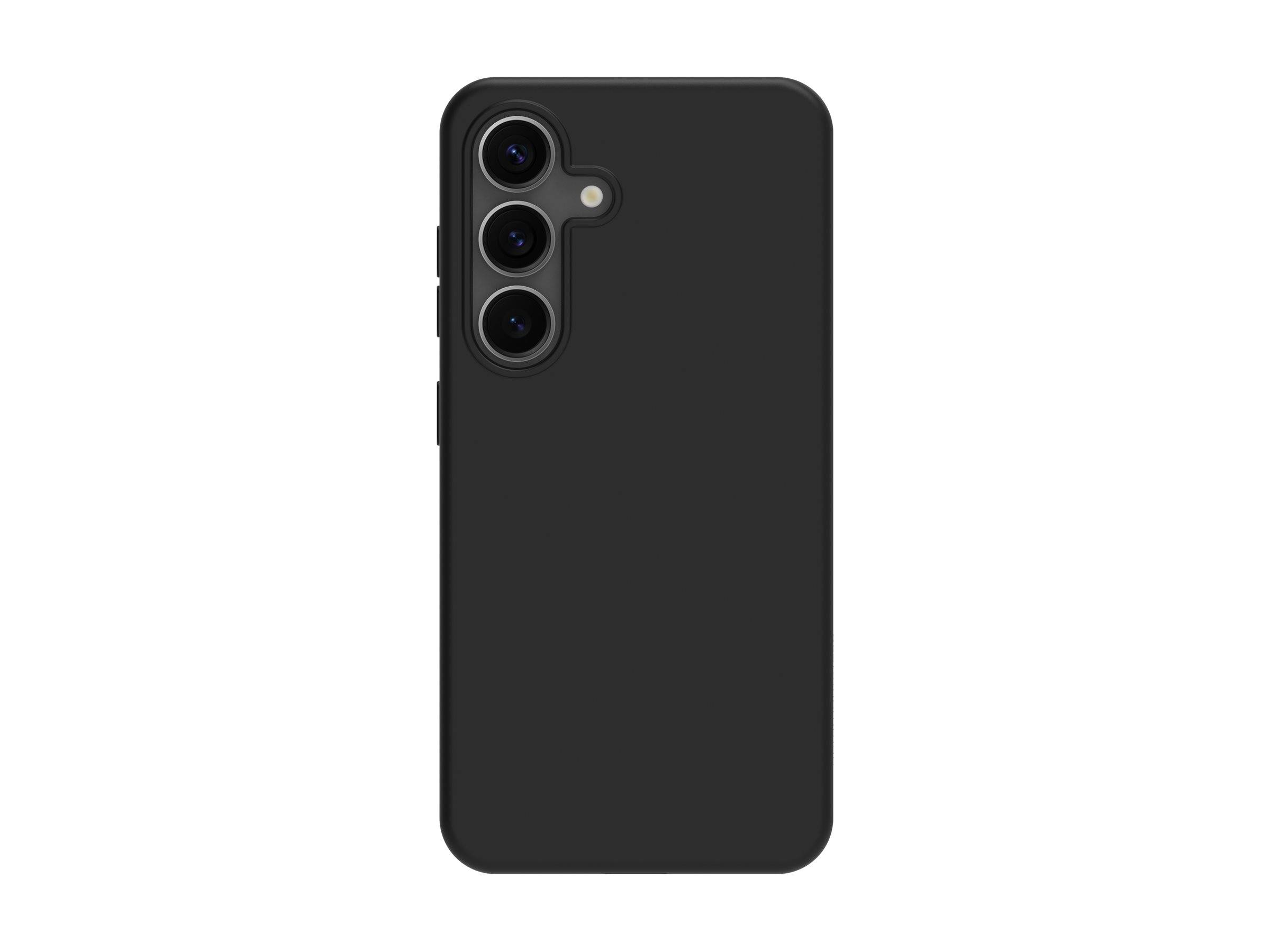 Ein schwarzes Smartphone mit drei vertikal ausgerichteten Rückkameras auf einem schlichten weißen Hintergrund.