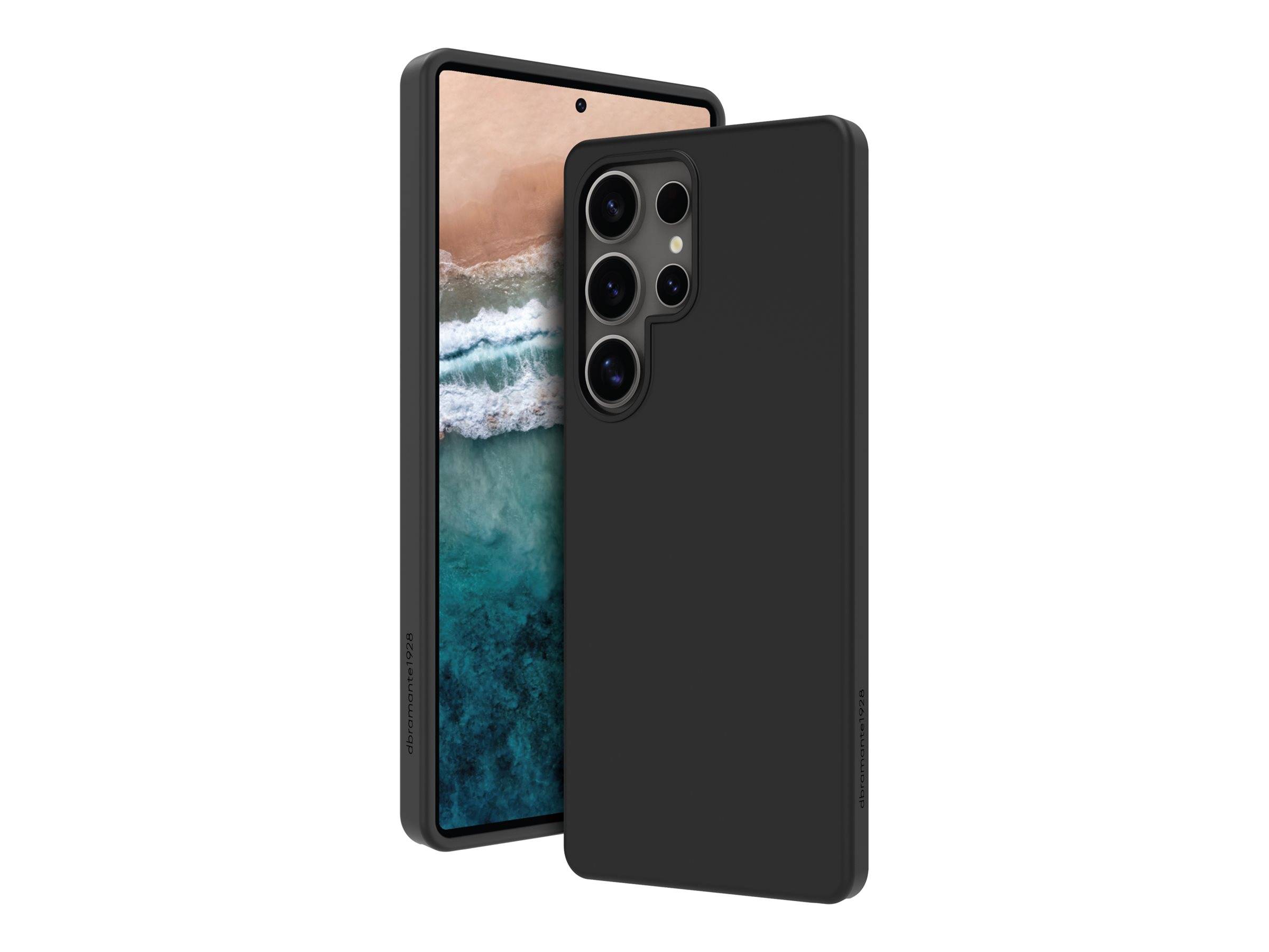 Schwarzes Smartphone mit matter Schutzhülle, von vorne und hinten gezeigt, wobei ein großer Multi-Linsen-Kameraausschnitt auf der Rückseite hervorgehoben wird.